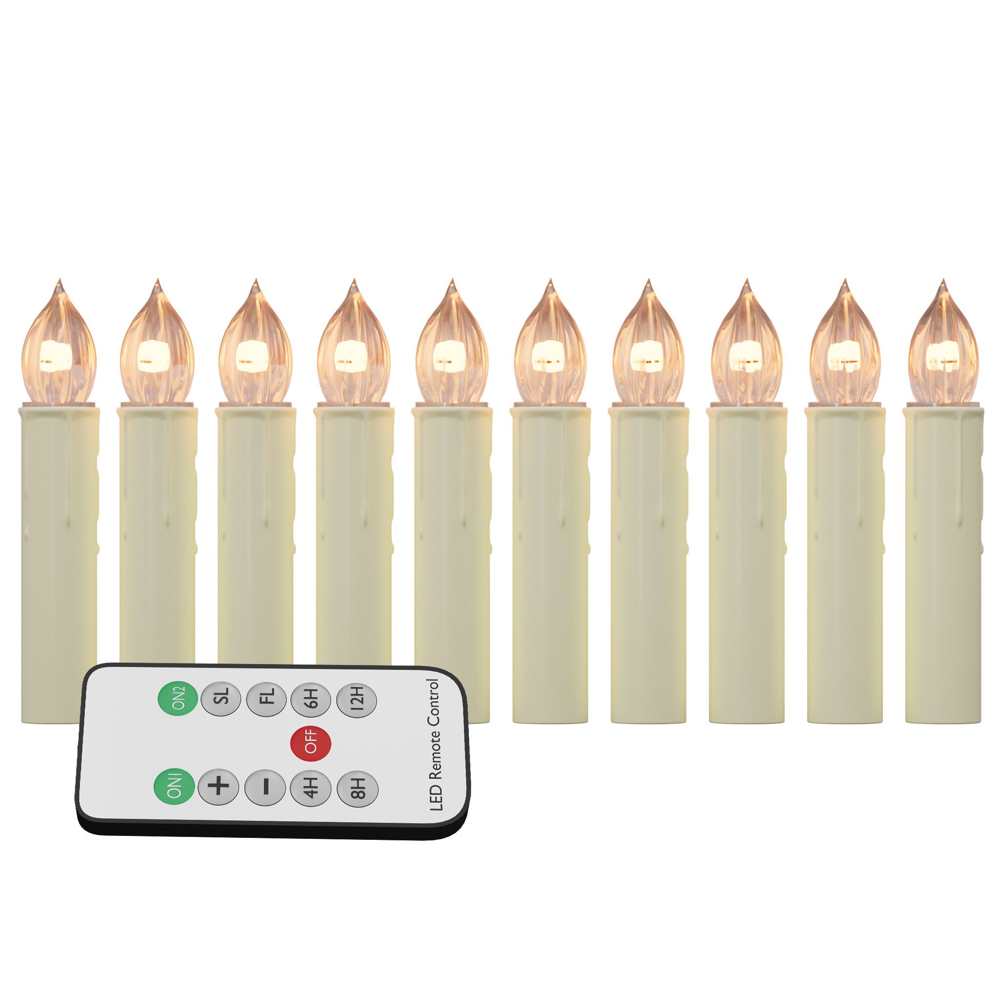 FIVMEN LED-Kerze Weihnachtskerzen mit Haken Kabellos Dimmbar Kerzen mit Fernbedienung (10-tlg), mit Timing-Funktion für Weihnachtsdeko, Weihnachtsbaum