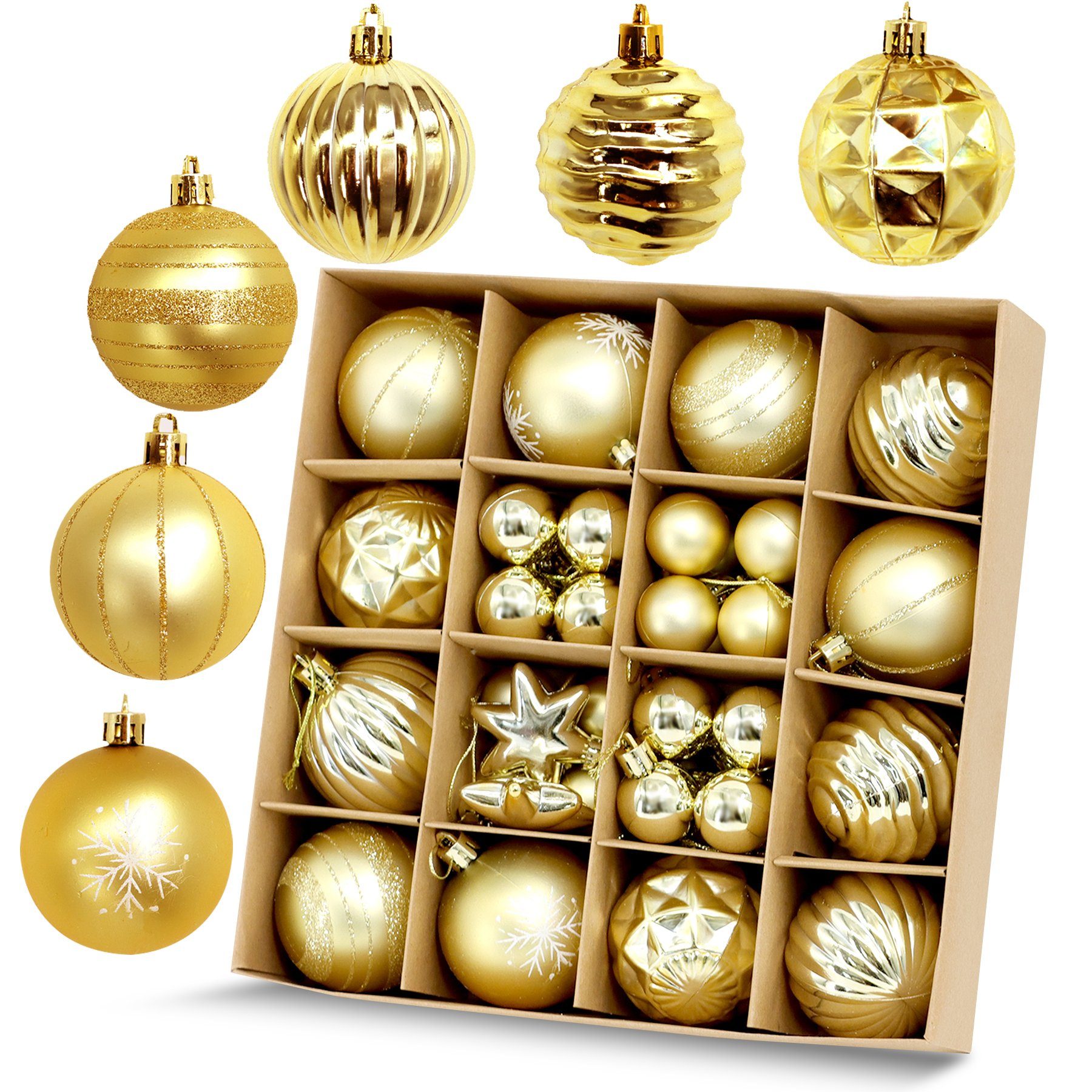 Weihnachtskugeln, Weihnachtsbaumschmuck Christbaumkugeln Gold Set (42 Bruchsicher Stücke 3/6CM Plastik mit St), Christbaumschmuck Weihnachtsbaumkugel CALIYO 42