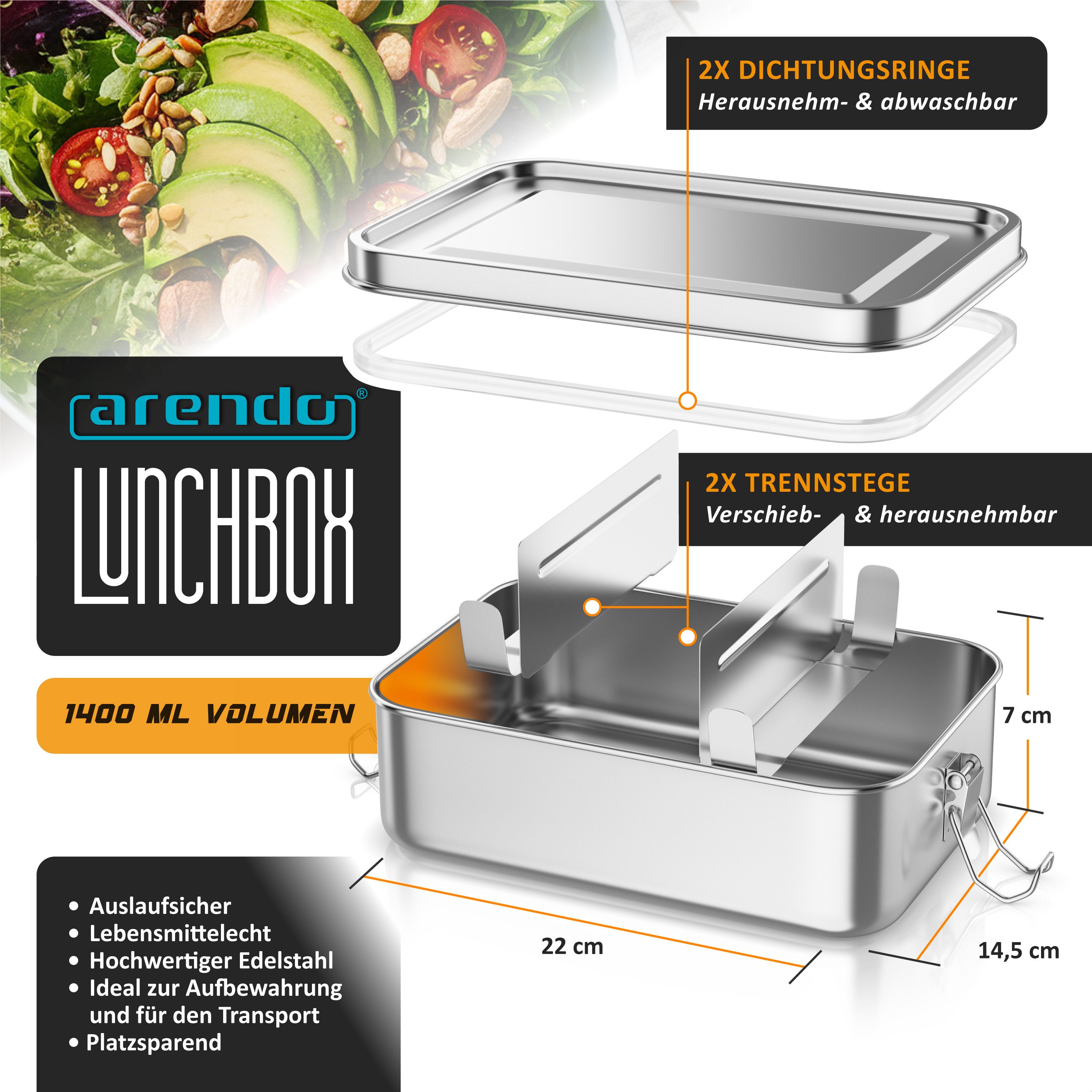 Arendo Lunchbox Edelstahl Brotdose 1400 ml mit Fächern, für Kinder und Erwachsene, Edelstahl, (1-tlg., 2 Trennstege, 2 Silikondichtungen), auslaufsicher, entnehmbare Trennstege, Dichtung, lebensmittelecht