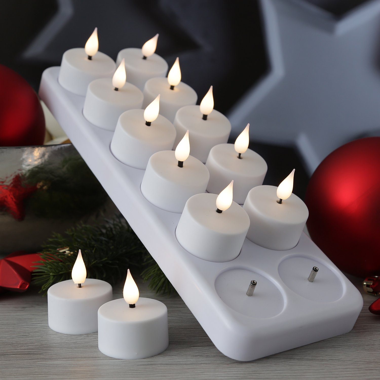 Adilina LED-Kerze LED Teelichter mit Ladestation wiederaufladbar flackernd 12er Set (12-tlg)