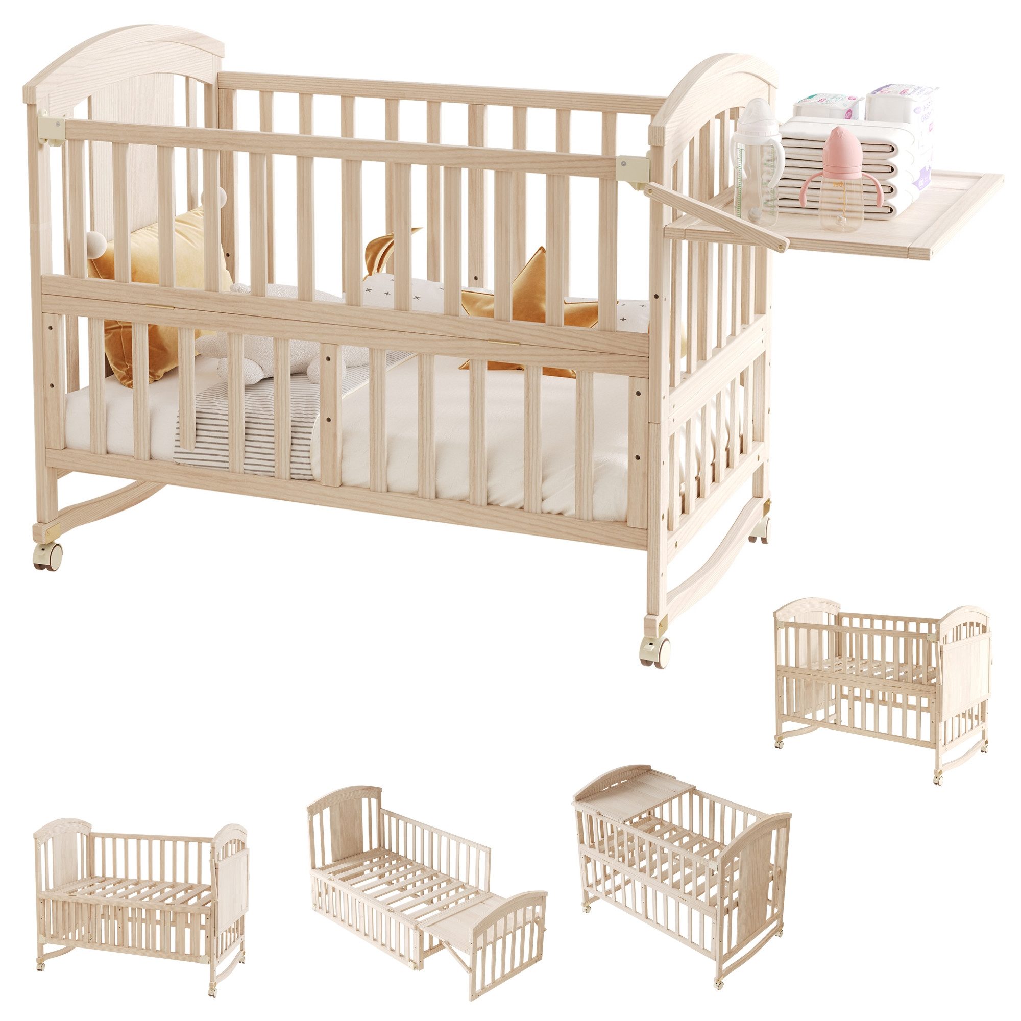 OKWISH Babybett Holz-Babynetzbett mit Wickeltisch, um 40cm verlängerbar, 1- günstig online kaufen