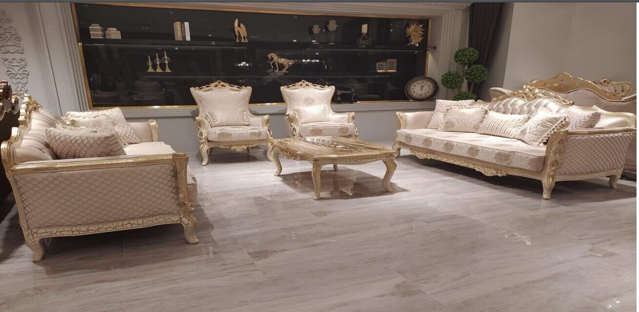 Wohnzimmer-Set Sitzer (5-St) Set Sofas Couchtisch Luxus Sofagarnitur Gold JVmoebel 5tlg, 3+3+1+1 Sofa
