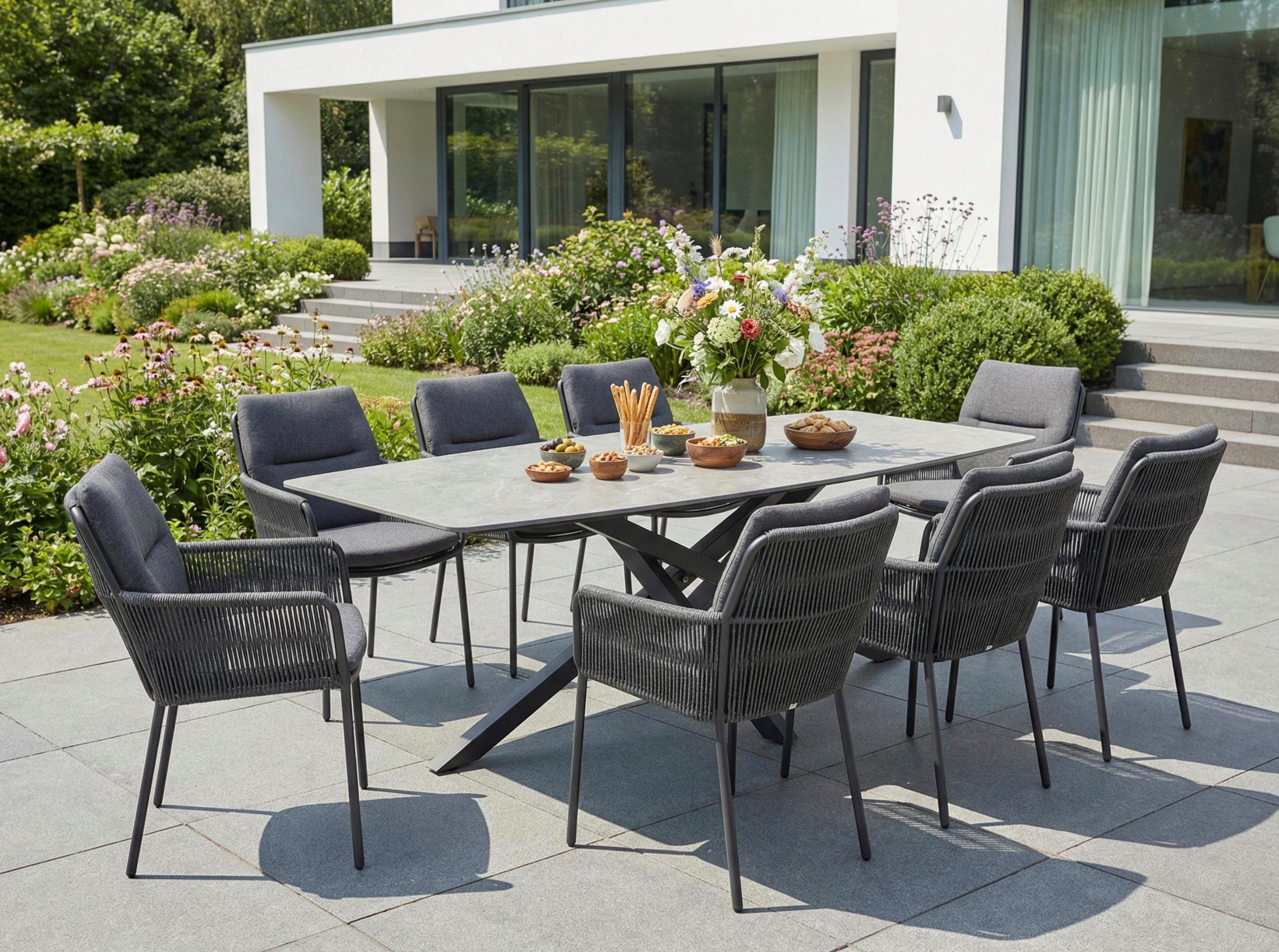 LC Garden Gartenlounge-Set Gartenset »Como« Esstisch 220cm Beton-Optik mit Armlehnstühlen Rope, (8-tlg)