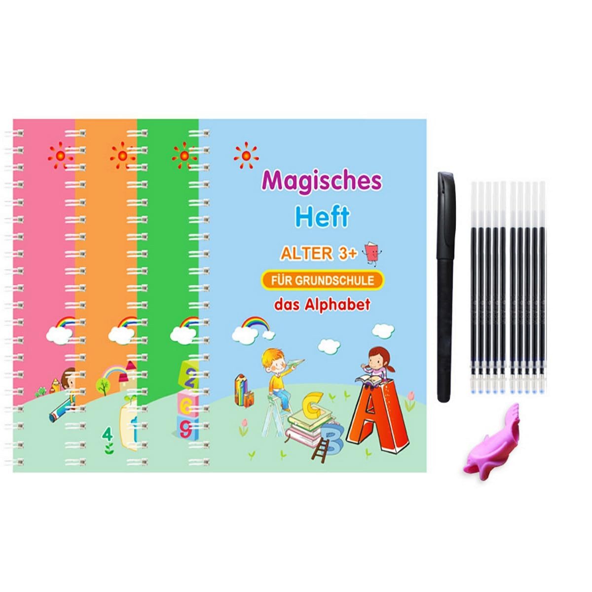 Lichtjäger Tagebuch Tagebuch Deutsches Zauberbuch, handgeschriebene Kinderbilder, 4 Bücher, Kalligraphie-Übungsheft, Wiederverwendbare Arbeitshefte für Kinder