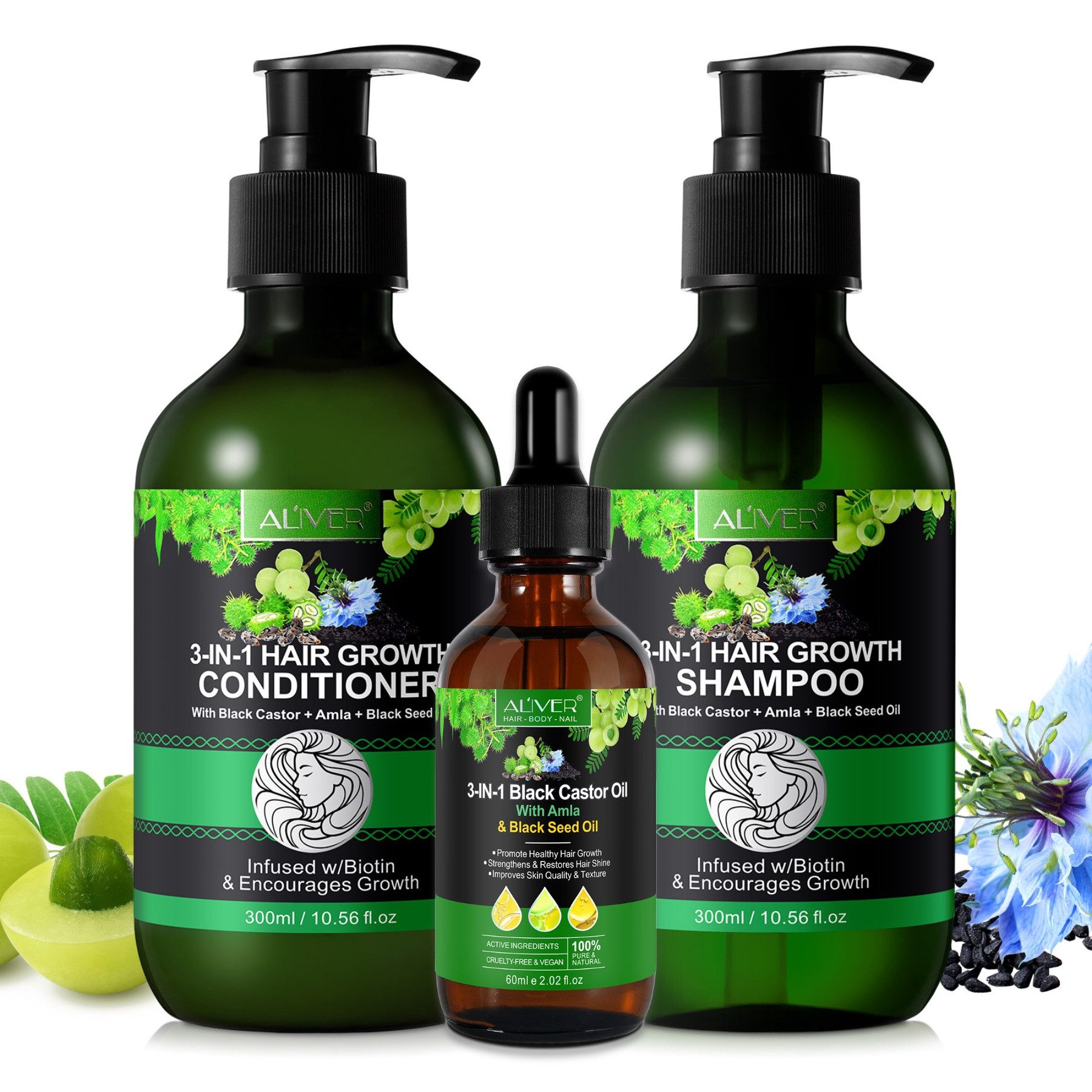 ALIVER Haarpflege-Set Shampoo Conditioner Haaröl mit Biotin Rizinus Amla Schwarzkümmel, Vegan