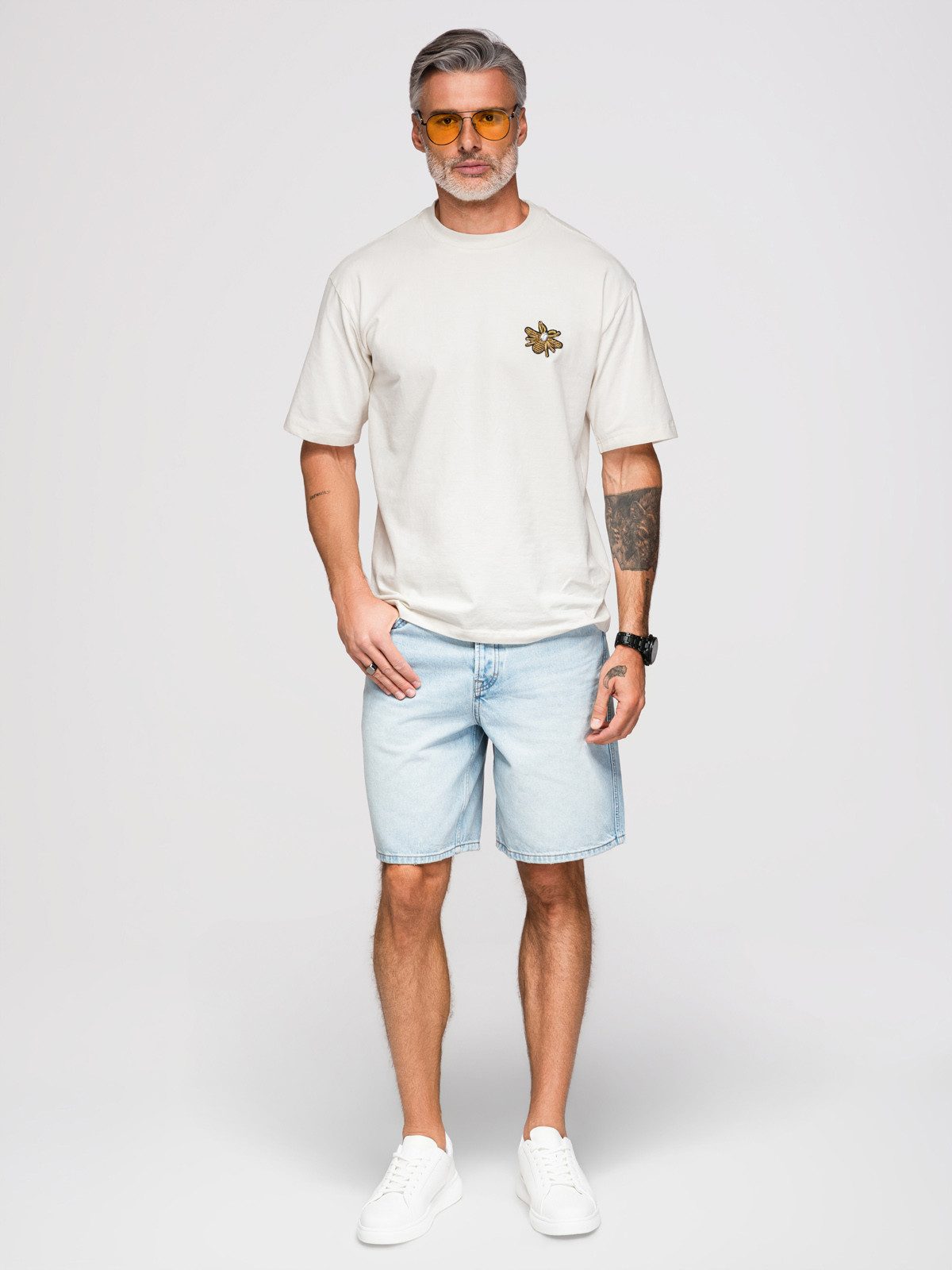 OMBRE Print-Shirt Herren Loose Fit T-Shirt mit V-Ausschnitt Off white XL (kein Set, 1-tlg)