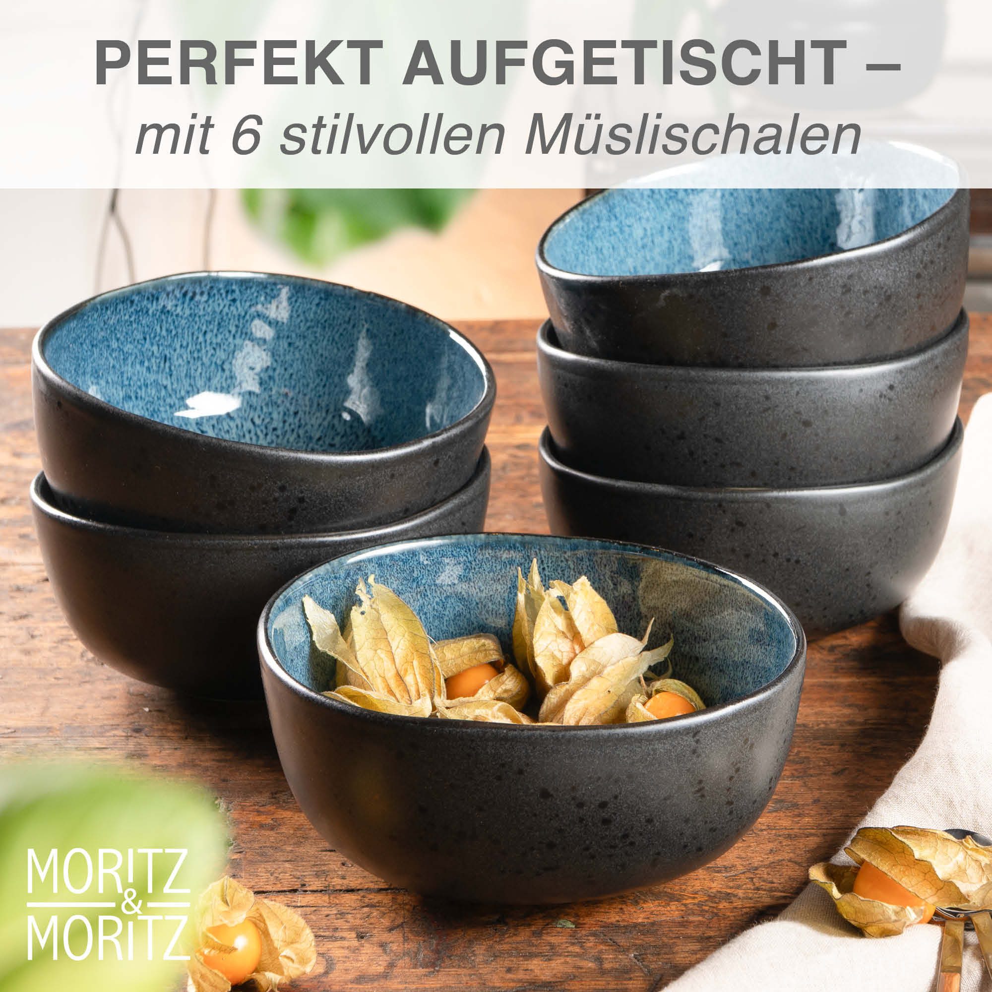 Moritz & Moritz Dessertschale ORGANIC reaktiv blau Müslibowl Set 6 tlg., Steinzeug, (Set, 6-tlg), Müslibowls für 6 Personen