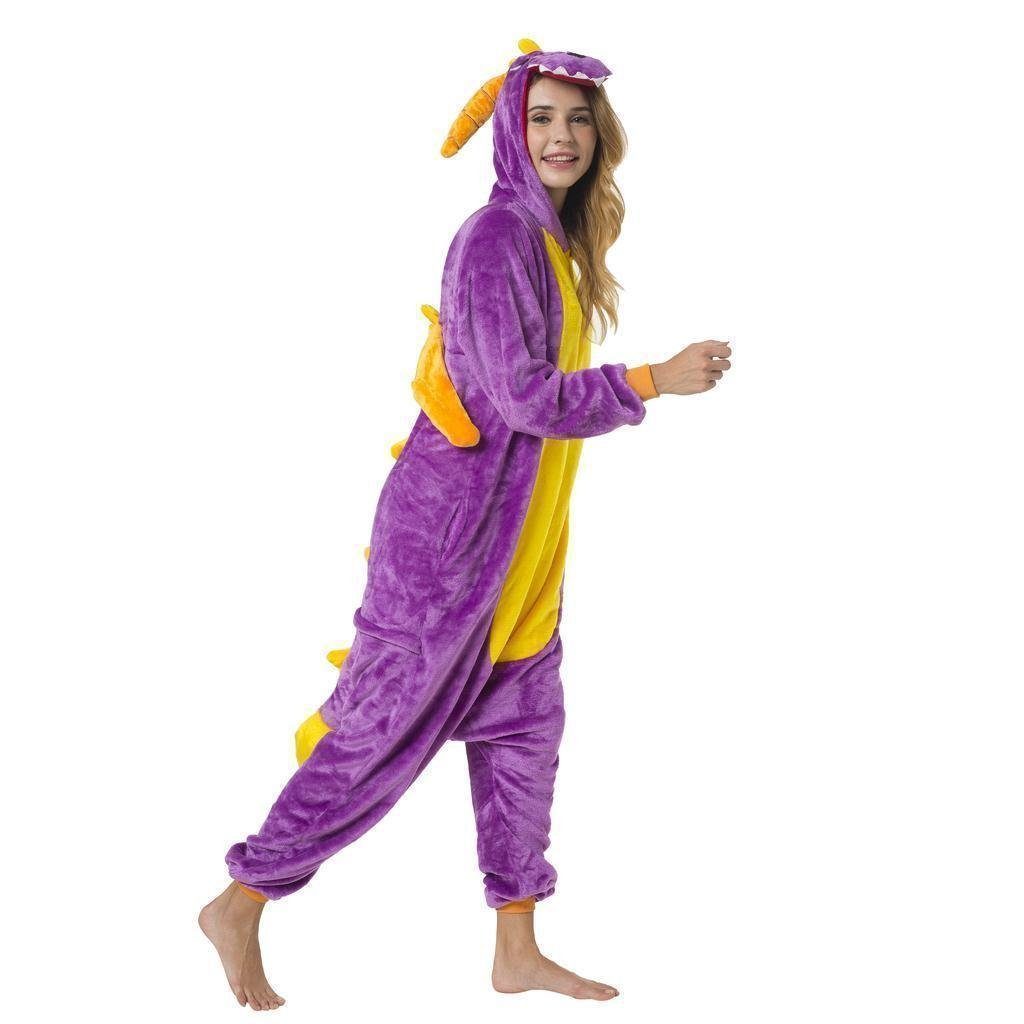 Katara Partyanzug Fantasy Figuren Jumpsuit Kostüm Erwachsene S-XL, Karneval - Kostüm, Kigurumi - Dinosaurier lila-gelb S (145-155cm)