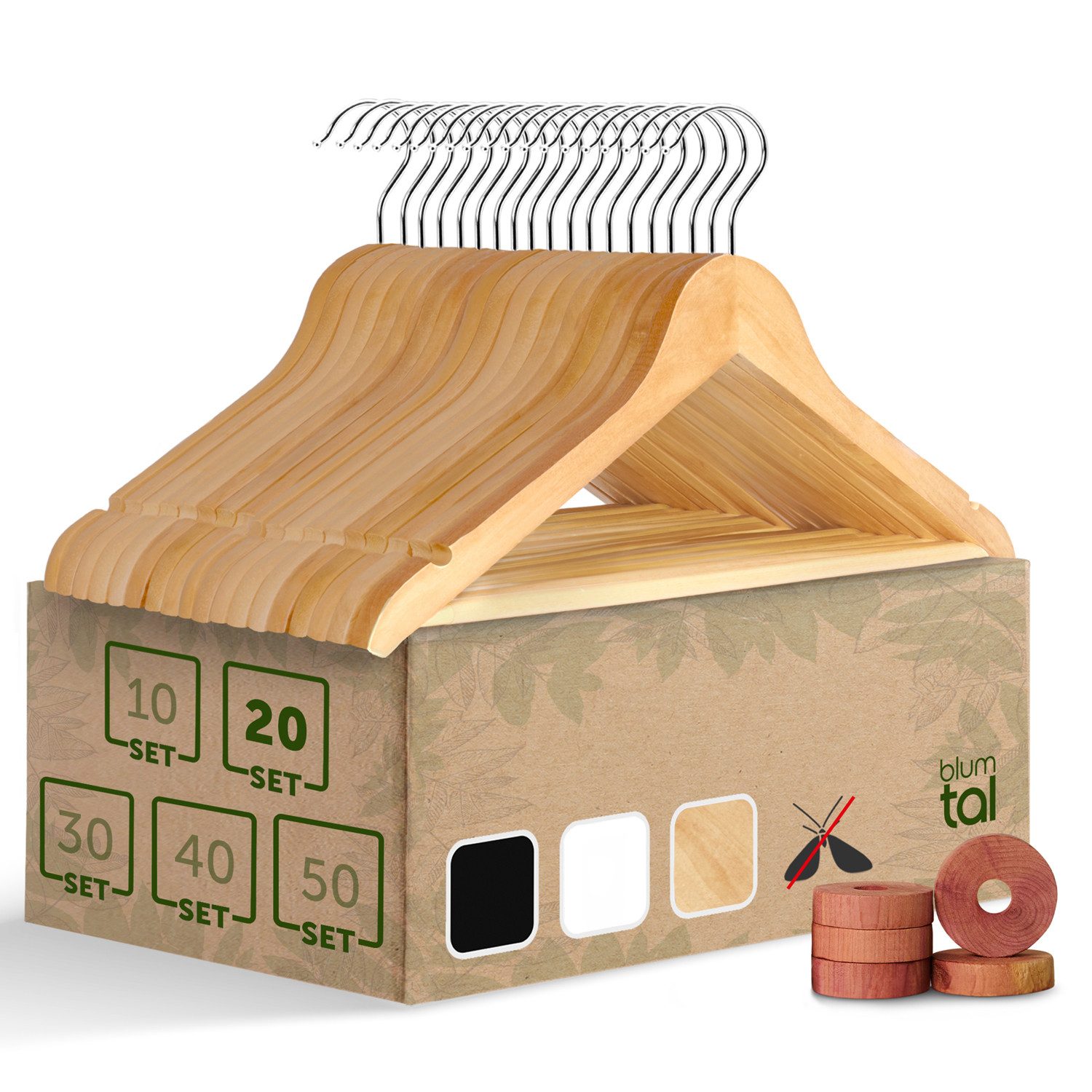 Blumtal Kleiderbügel Rutschfest aus Holz mit Rockkerbe und Hosensteg, (20-tlg), 360° drehbar