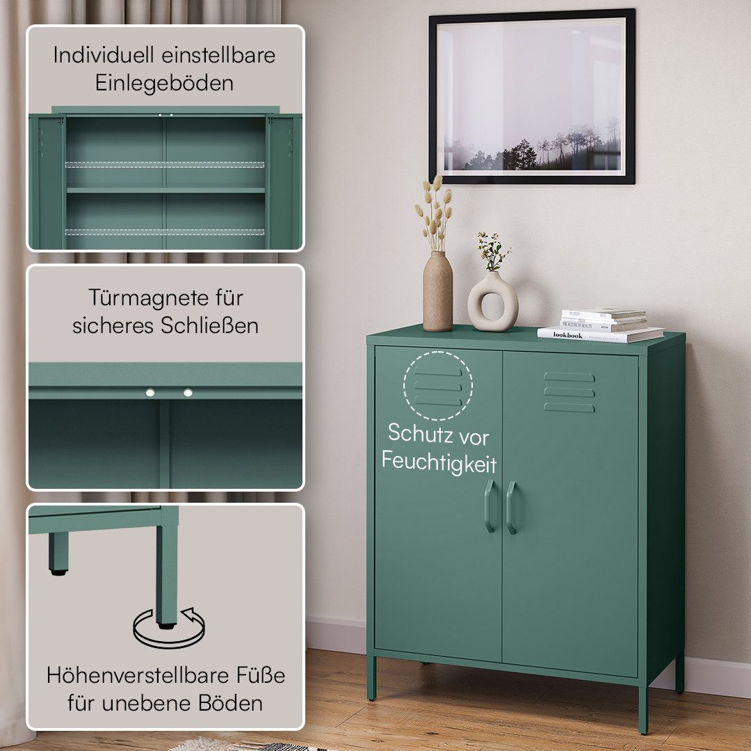 skølm Kommode Atria aus Metall (Dunkelgrün, 3 Fächer), höhenverstellbare Böden, Highboard auch verfügbar mit Schubladen