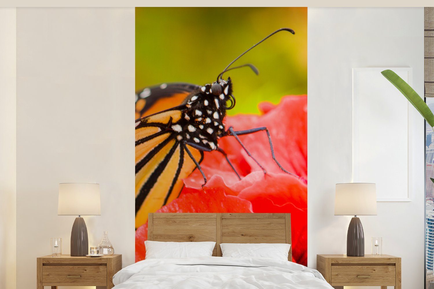 MuchoWow Fototapete Blumen - Schmetterlinge - Monarch, Matt, bedruckt, (2 St), Vliestapete für Wohnzimmer Schlafzimmer Küche, Fototapete | Fototapeten