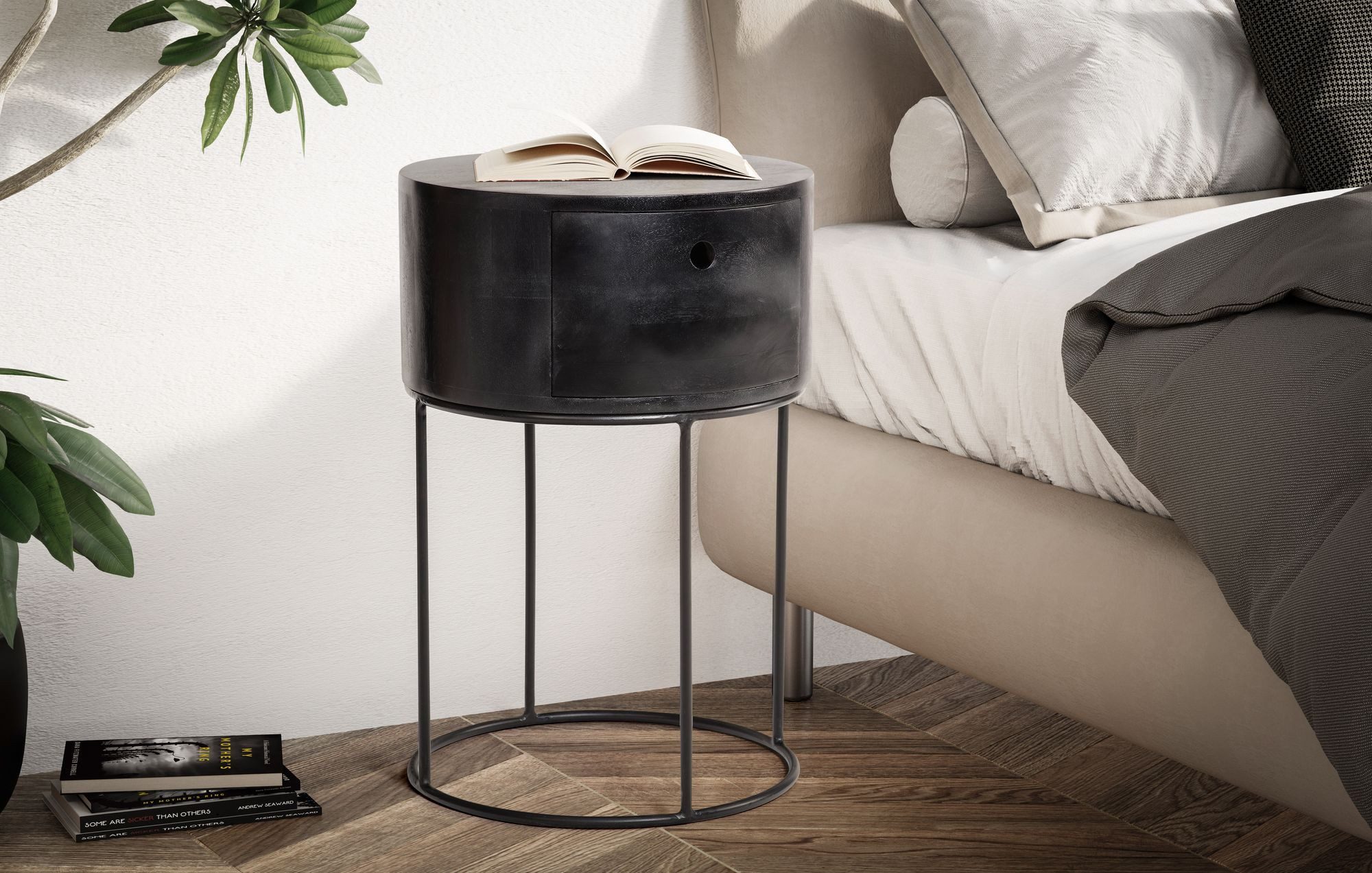 FINEBUY Nachttisch FB56320 Nachtkonsole rund Massivholz Schwarz Schublade Industrial (Mango Massivholz 40x40x60 cm, Boxspringbett), Nachtkonsolen Schublade, Nachtkästchen Stauraum