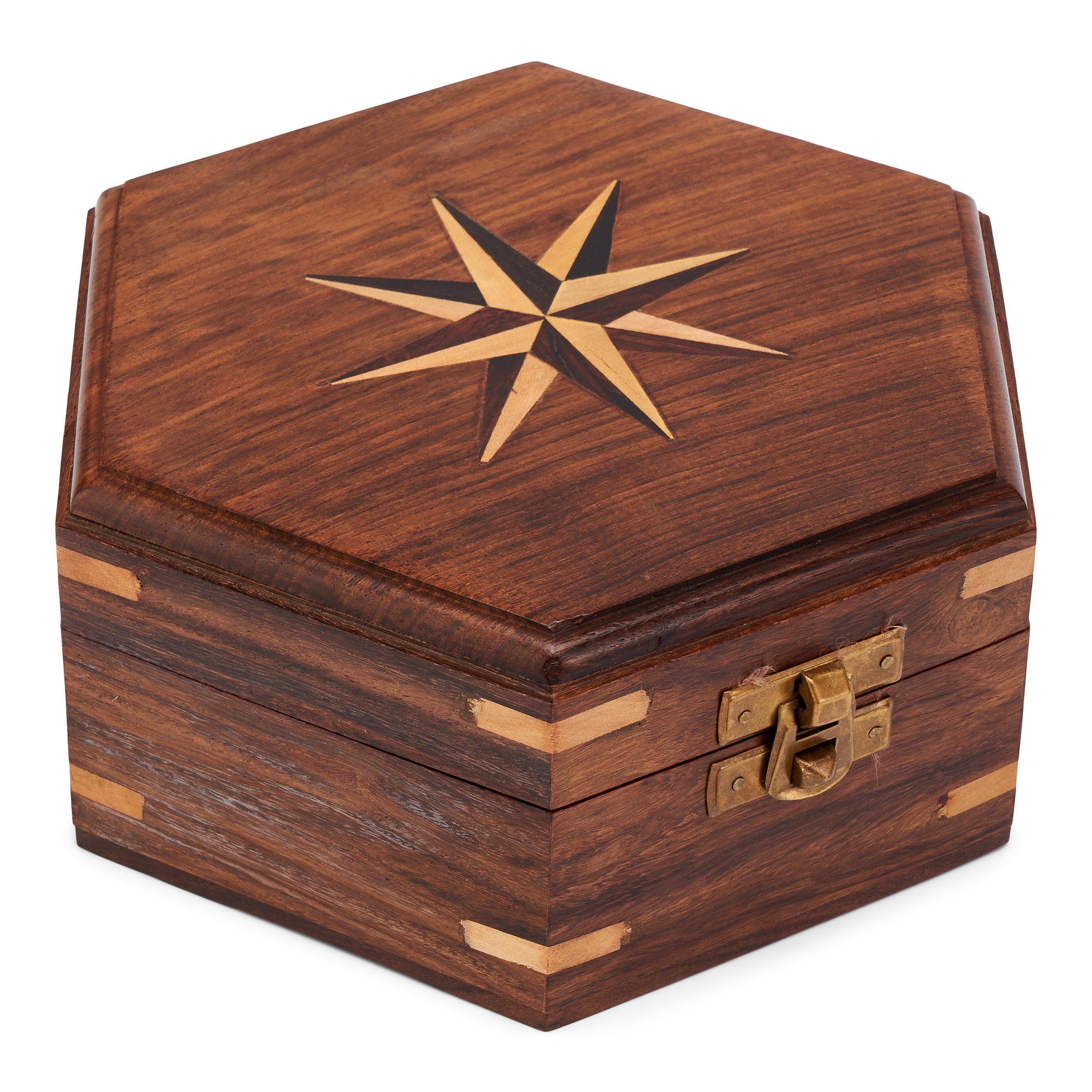 NKlaus Aufbewahrungsbox Maritim Holzbox sechseckig mit Windrose Inlay aus Holz und Messing ver (Lieferumfang: 1 Stück)
