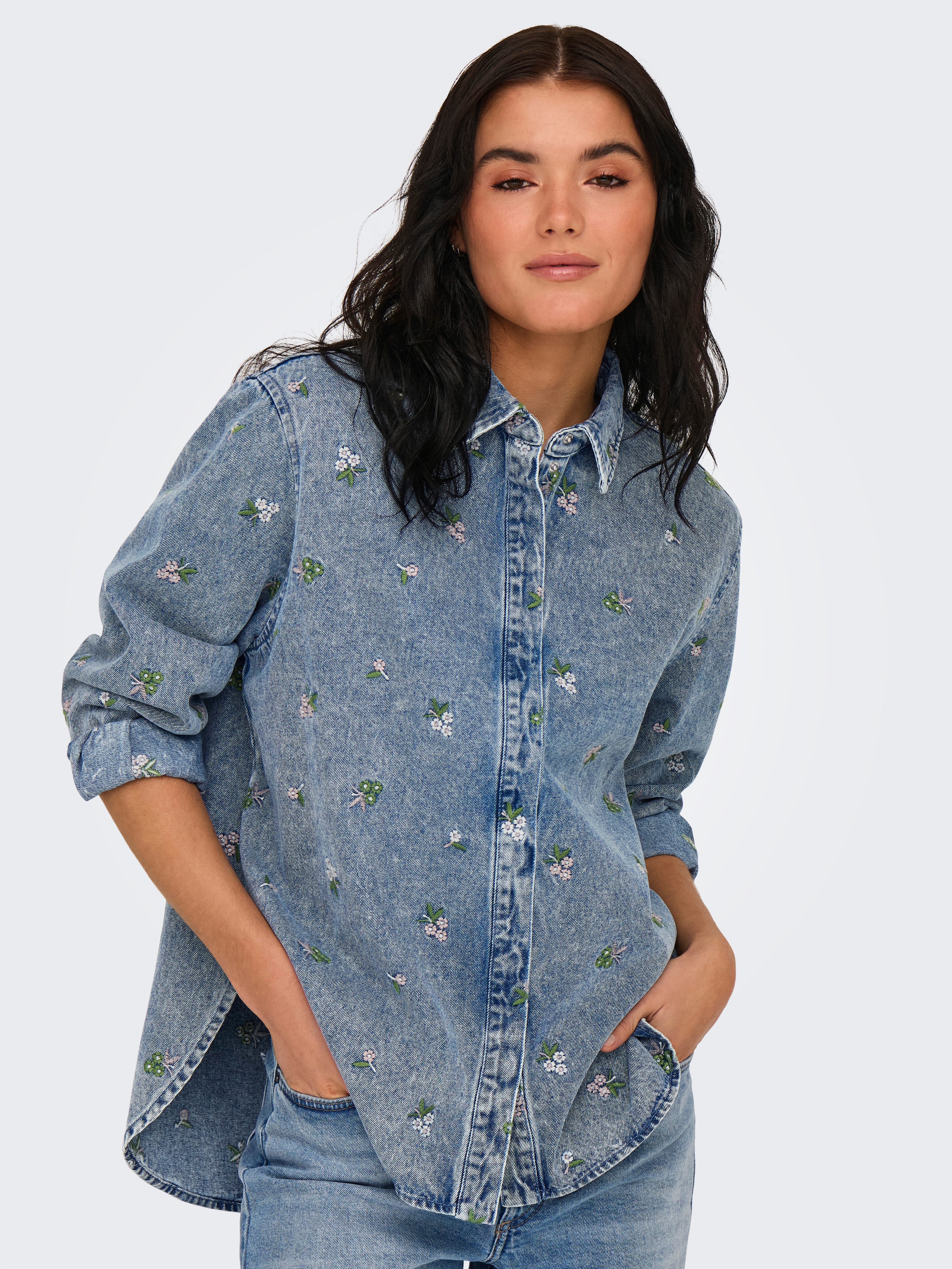 Jeansbluse ONLVERA L/S FLOWER EMB SHIRT DNM YOR