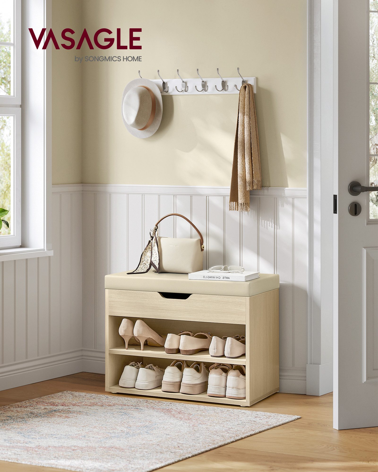 VASAGLE Schuhbank, Schuhbank, Sitzbank, Schuhregal mit gepolstertem Kissen,Schuhorganizer