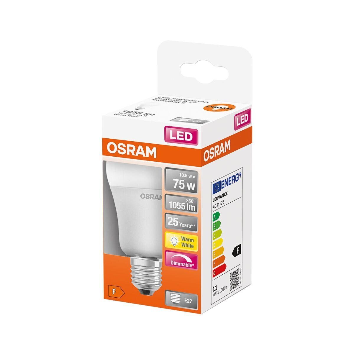 Osram LED-Leuchtmittel Superstar Classic A, E27, Warm White, 10,5 W, dimmbar