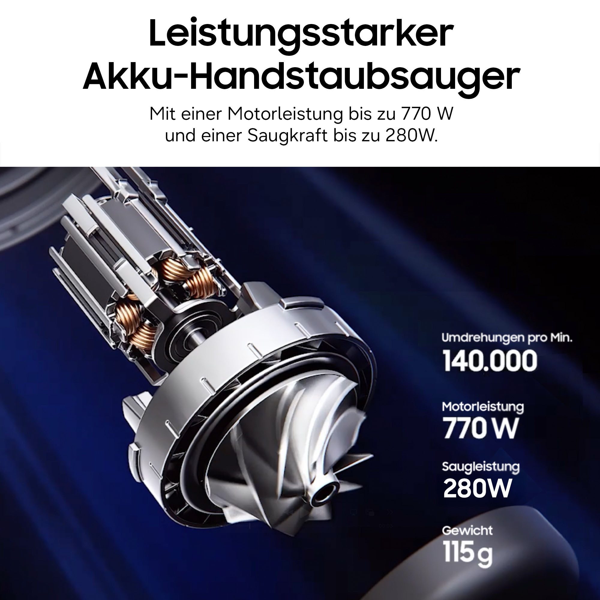 Samsung Akku-Handstaubsauger VS70H28HFC/WD, Jet 95S CompleteClean, 770 W, beutellos, 770 W, beutellos, Ersatzakku separat erhältlich