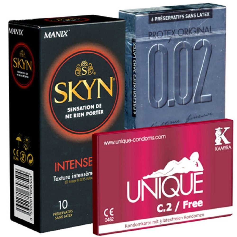 Kondomotheke Kondome Probierset: Latexfreie Kondome Special 3 Packungen im Mix, insgesamt, 19 St., Kondome Testpack, verschiedene Sorten für Allergiker, hypoallergen & ohne Latex
