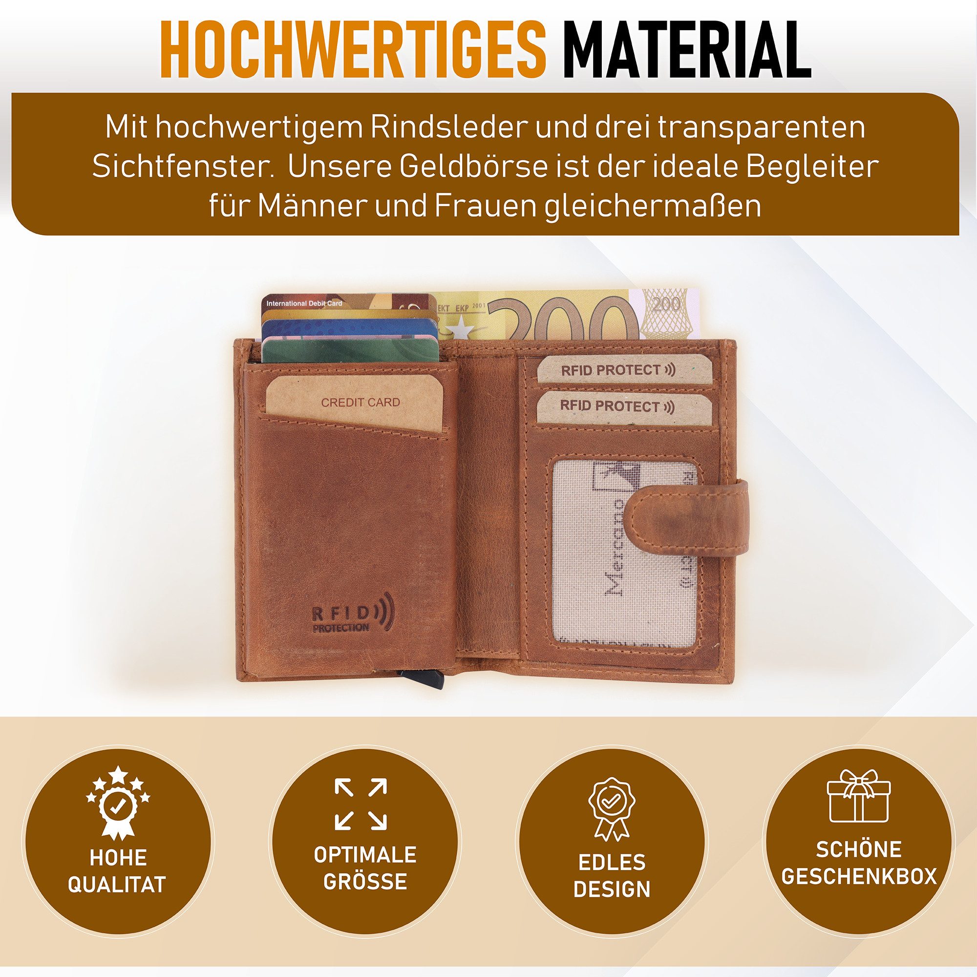 Mercano Geldbörse aus Echtleder für Damen, Kartenetui mit Popup-Schnellzugriff (inkl. Geschenkbox), RFID-Schutz, Münzfach, Flipcase