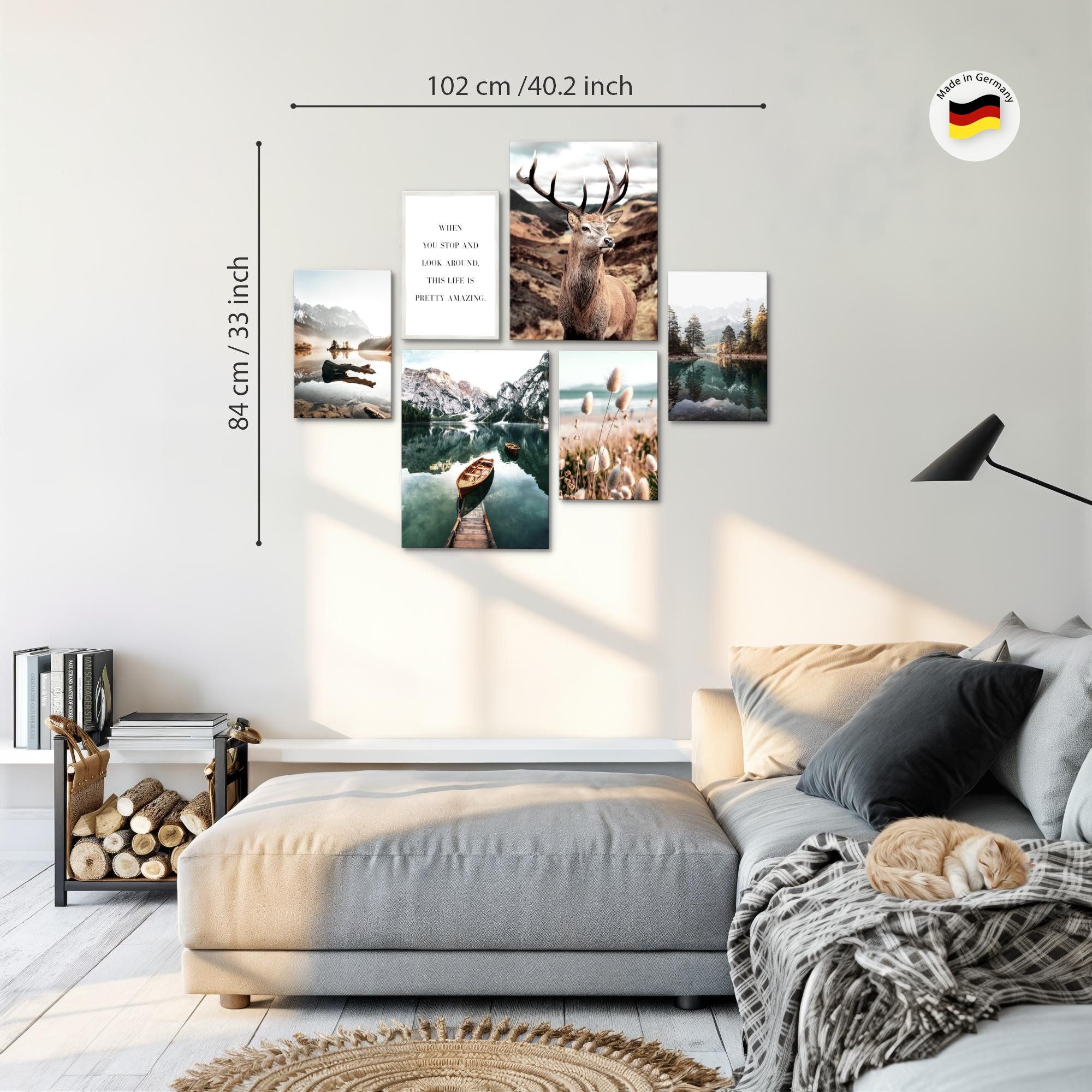 Novart Wandbild Wald Hirsch Natur Berge Bilderset Wohnzimmer Schlafzimmer Deko, (6 St)
