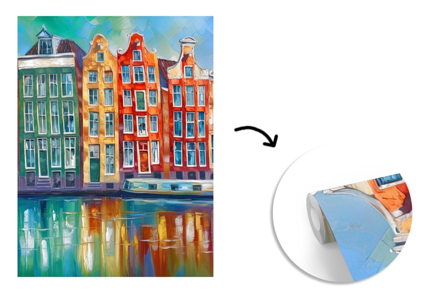 - Gracht - (4 bedruckt, Matt, St), MuchoWow Fototapete Tapete Amsterdam Ölgemälde - Wandtapete Gemälde Montagefertig Kunst, für Wohnzimmer, Vinyl -