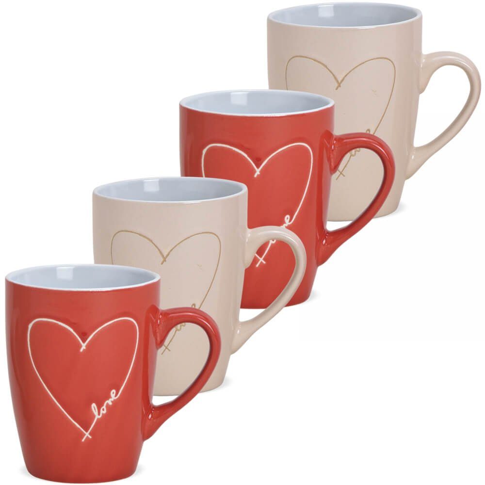 matches21 HOME & HOBBY Tasse Кофейные чашки 4er Set Landhaus-Stil Herzen mit Spruch Love, Keramik, Tee, Kaffeebecher, klassisch, cremefarben rot, ca. 300 ml