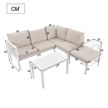 Tongtong Gartenlounge-Set 5er-Set Ecklounge Sessel-Set, Gartenmöbel für 6–8 Personen, (2 Ecksofas, 1 Fußhocker, 1 großem Esstisch und 1 Beistelltisch), Weiß