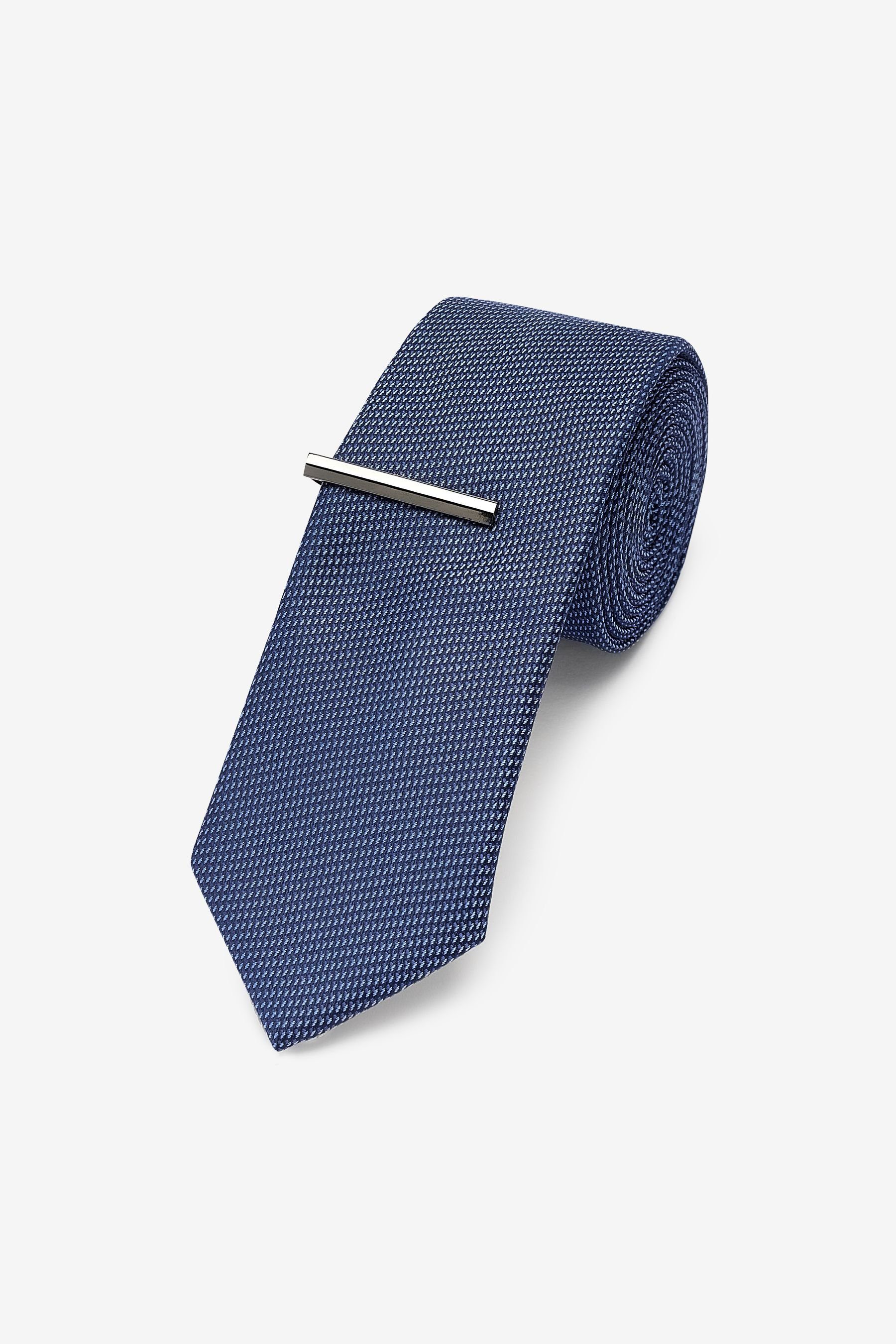Krawatte Recyclingpolyester Klammer + (2-St) Schmale Krawatte Next aus Blue