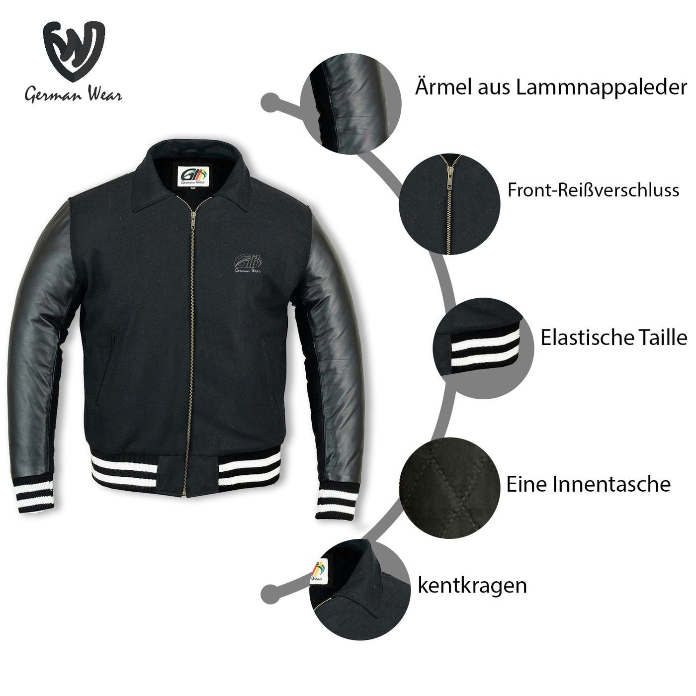 Schwarz German Wear Collegejacke Collegejacke Blouson CJ003 Lederärmel Wolljacke