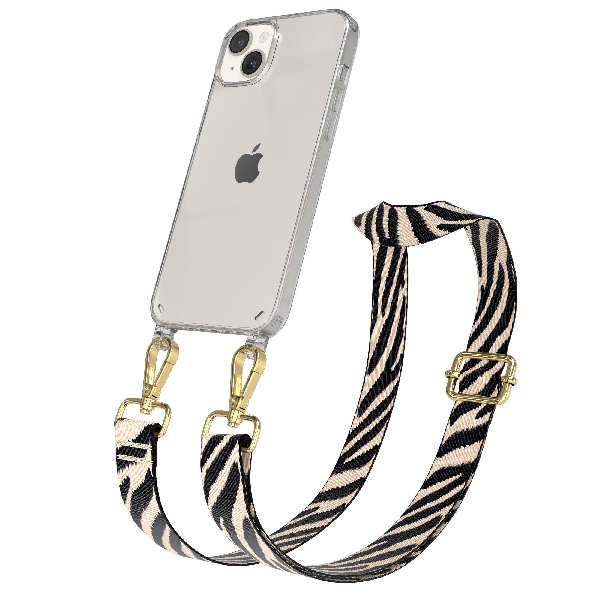 EAZY CASE Handykette Boho Umhängeband für Apple iPhone 14 Plus 6,7 Zoll, Kettenhülle abnehmbar Kordel Slim Clearcover Zebra-Style Schwarz Beige