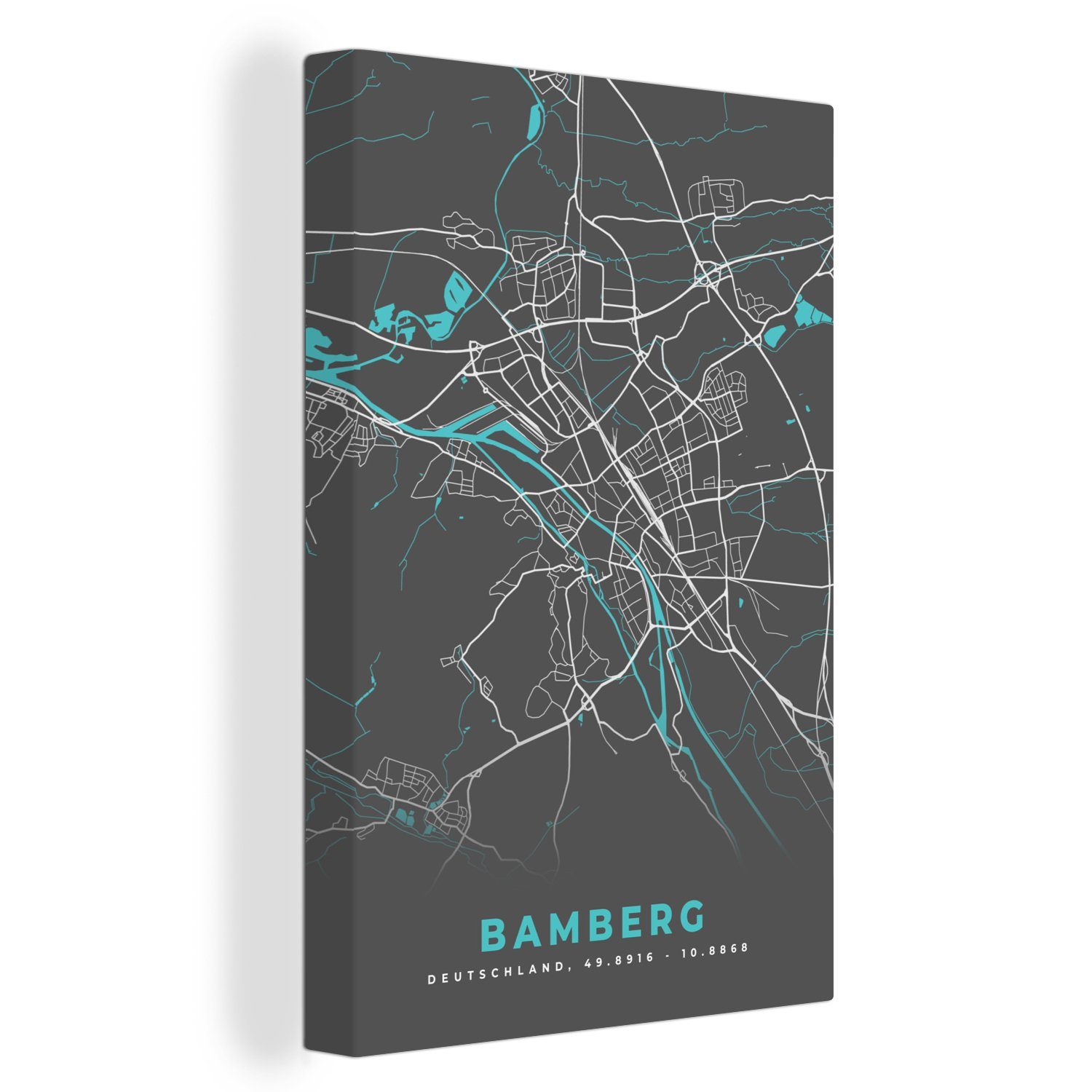 Stadtplan Gemälde, (1 - Zackenaufhänger, Leinwandbild fertig - bespannt cm Blau 20x30 Deutschland Bamberg OneMillionCanvasses® Leinwandbild Karte, - - St), inkl.