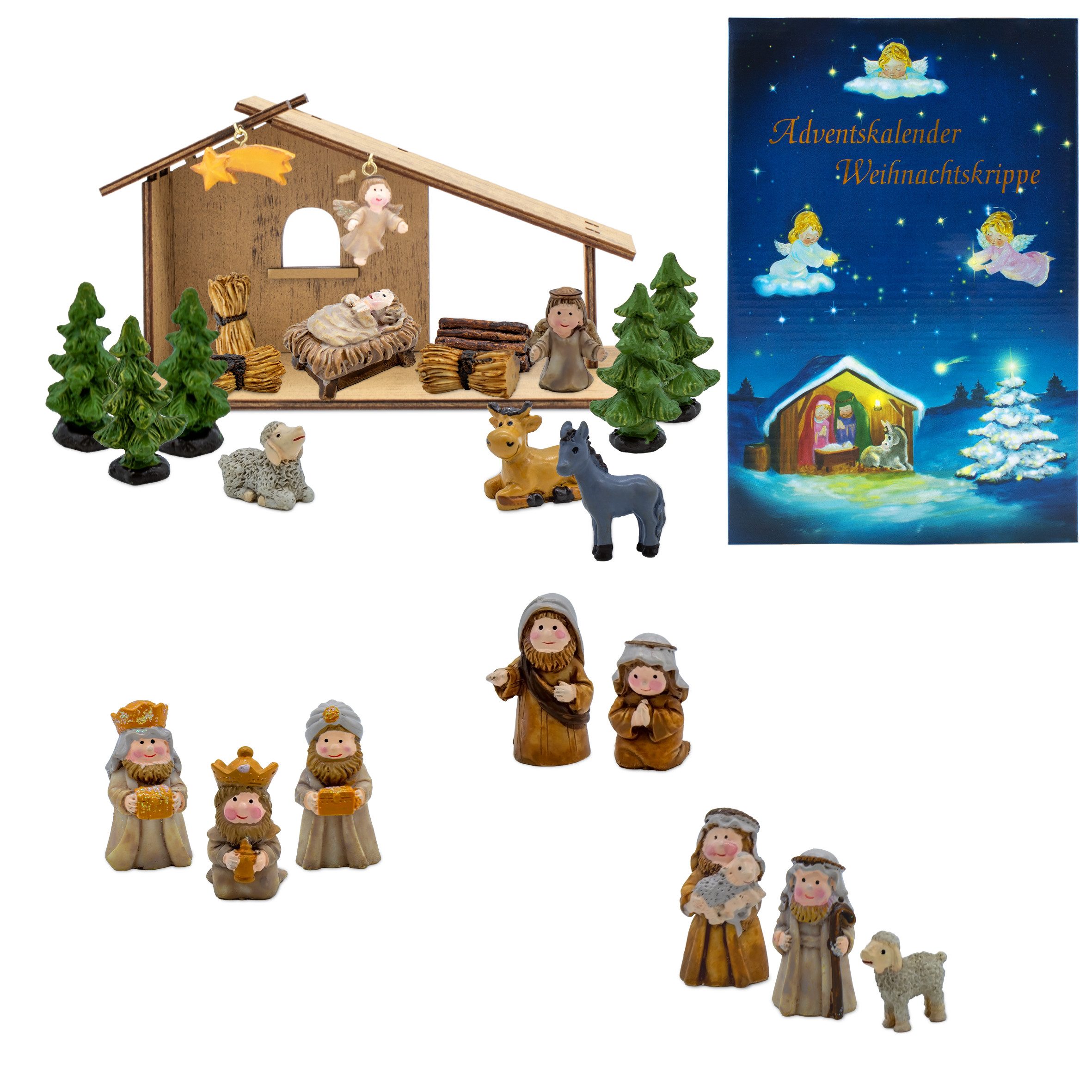 Spetebo Krippe Holz Tischkrippe mit 24 Figuren aus Kunststein (1-tlg), nutzbar als Adventskalender