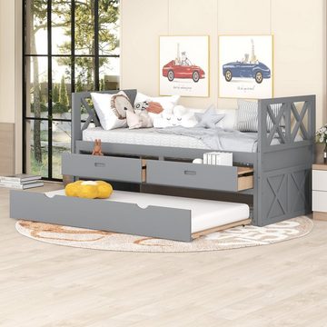 SOFTWEARY Einzelbett Holzbett mit 2. Schlafgelegenheit, Lattenrost und 2 Schubladen (90x200 cm), aus Kieferholz