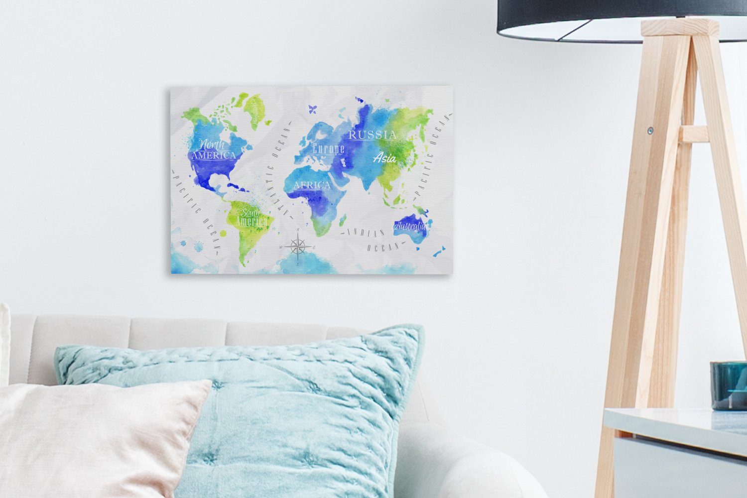 OneMillionCanvasses® Leinwandbild Weltkarte - Aquarell cm - Aufhängefertig, 30x20 Wandbild - Blau, (1 Wanddeko, Leinwandbilder, Grün St)