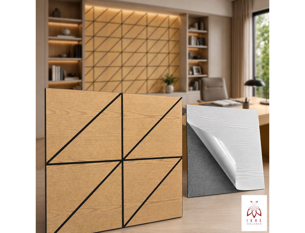 IKHEMalarka Wandpaneel Akustik Filz selbstklebend Holzoptik Decken Wandverkleidung, BxL: 60x60 cm, 0,36 qm, (1 Stück, 0,36qm) 60x60 cm 0,36 m² leicht, selbstklebende Rückseite als Montagehilfe