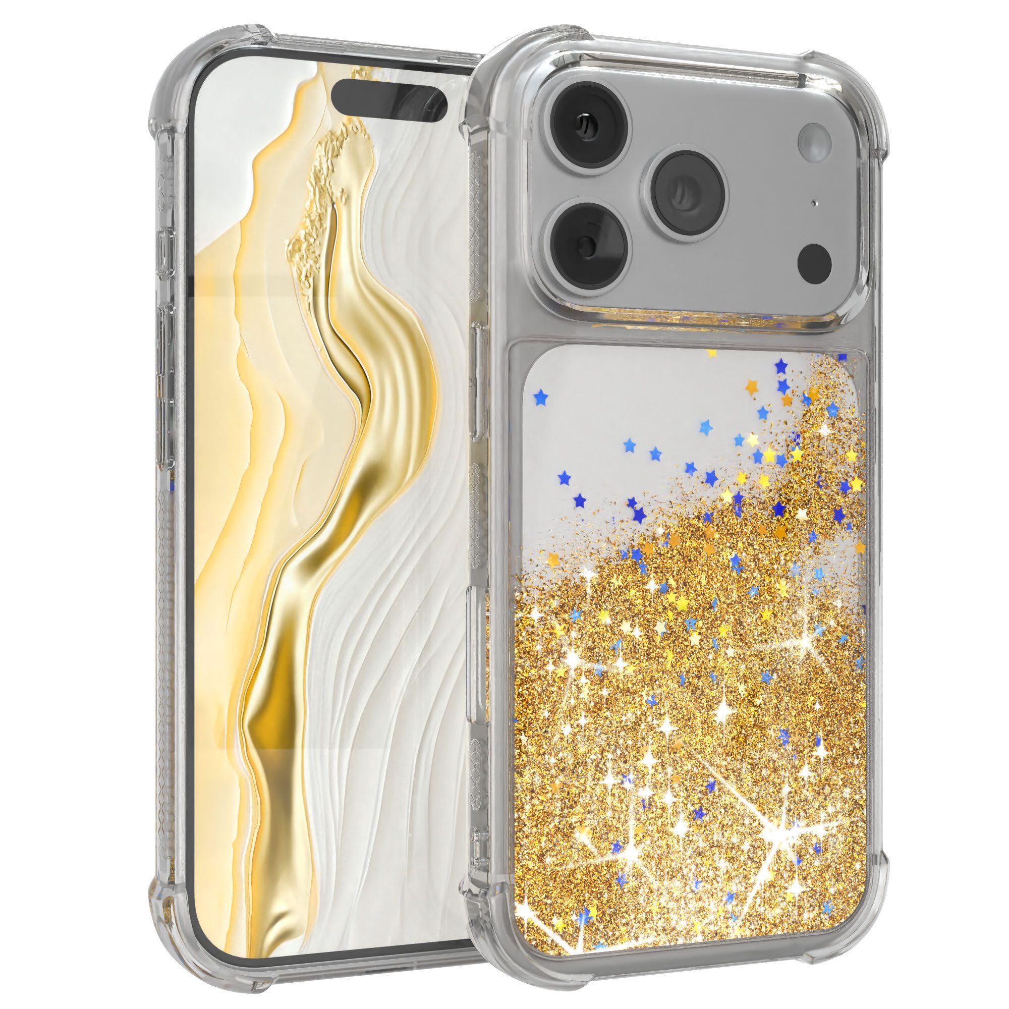 EAZY CASE Handyhülle Liquid Glittery Case für Apple iPhone 17 Pro 6,3 Zoll, Durchsichtig Back Case Handy Softcase Silikonhülle Glitzer Cover Gold