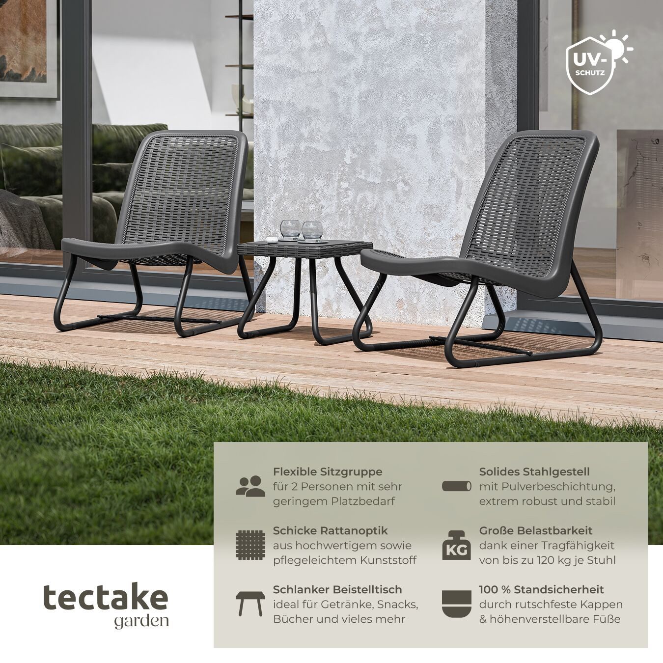 tectake Sitzgruppe Gartenlounge für 2 Personen, Belastbarkeit Stuhl 120 kg, Schraubfüße, (Loungeset Modica, 3-tlg., für Außen in Grau), in Rattanoptik, widerstandsfähig, UV-beständig, ergonomische Form