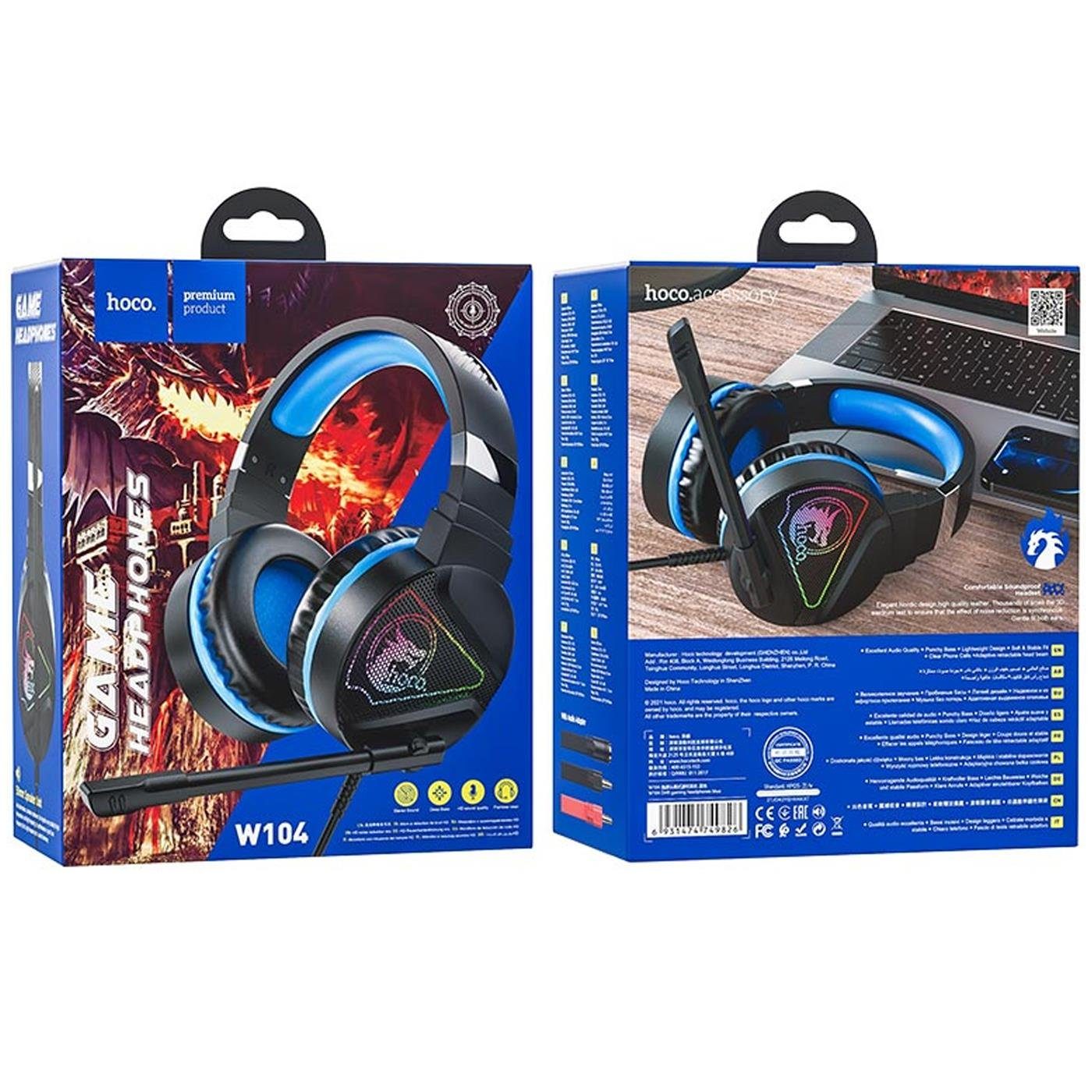 HOCO W104 Stereo Kopfhörer (Stylische Mikrofon und PC-Headset Gaming Blau Gaming Beleuchtung) mit LED