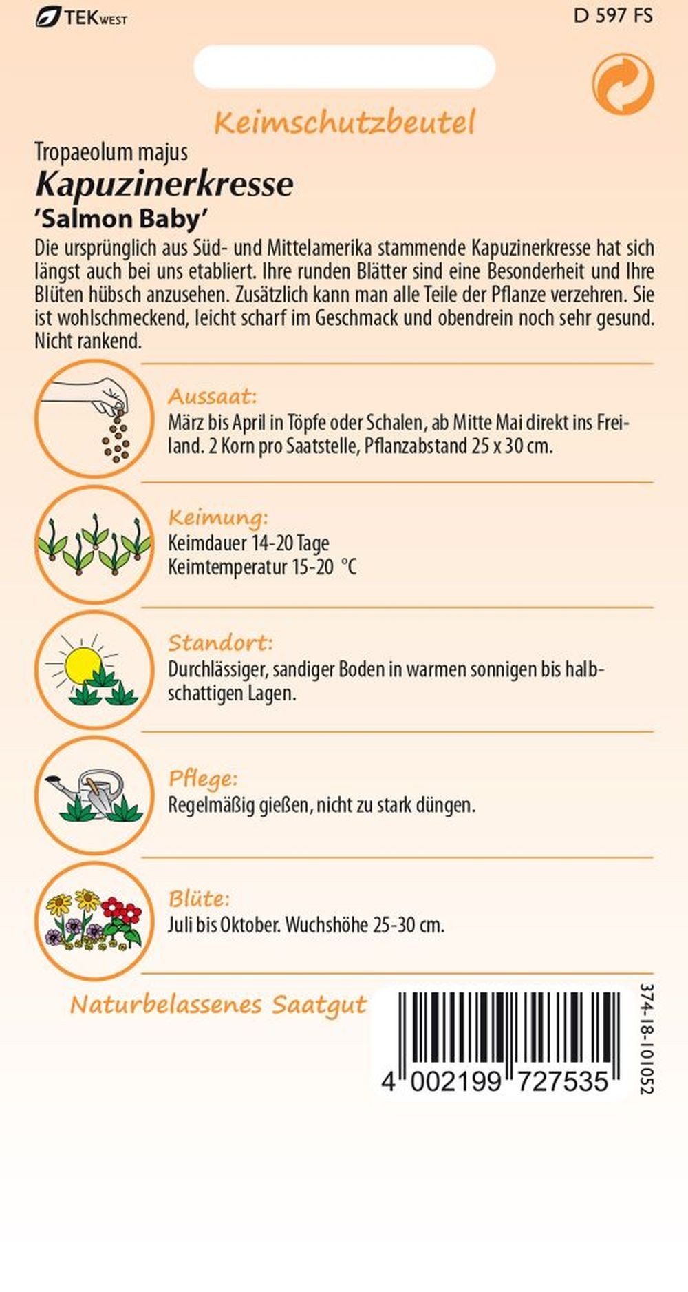 SAMEN PFANN Blumensamen Kapuzinerkresse, Salmon Baby - Kapuzinerkresse-Samen Saatgut Samen, Tropaeolum majus – Bild 2 von 2