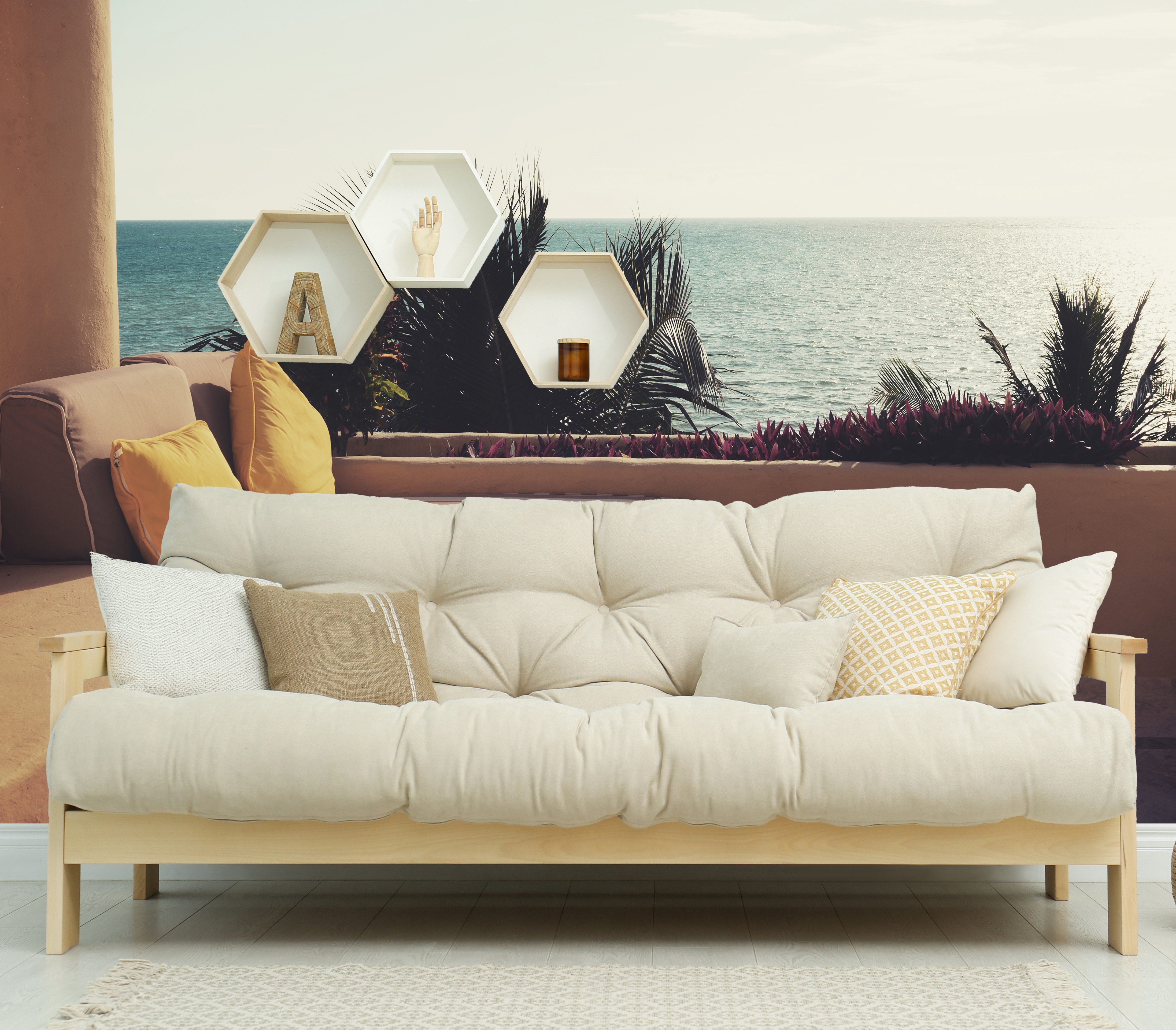 queence Fototapete Terrasse am Meer, glatt, Meer, bedruckt, realistisch, mehrfarbig, Motiv, (4 St), Wandpaneele, selbstklebend, Tapete, Sticker, Wanddeko, XXL-Fotomotiv