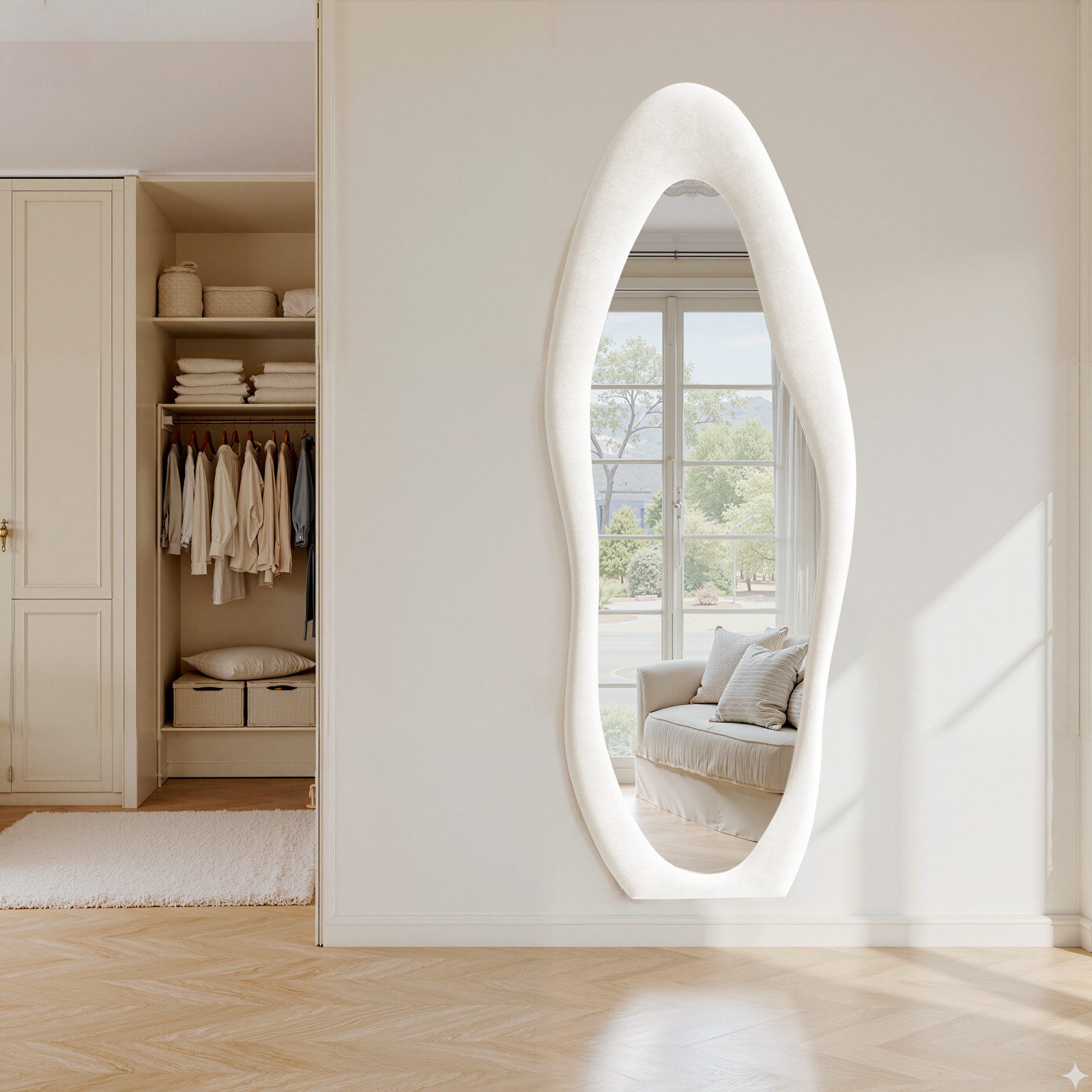 LUNAMIRROR Ganzkörperspiegel in organische Form, mit Samtbezug und Holzrahmen (1-St), stehend & hängend, 160x60 cm