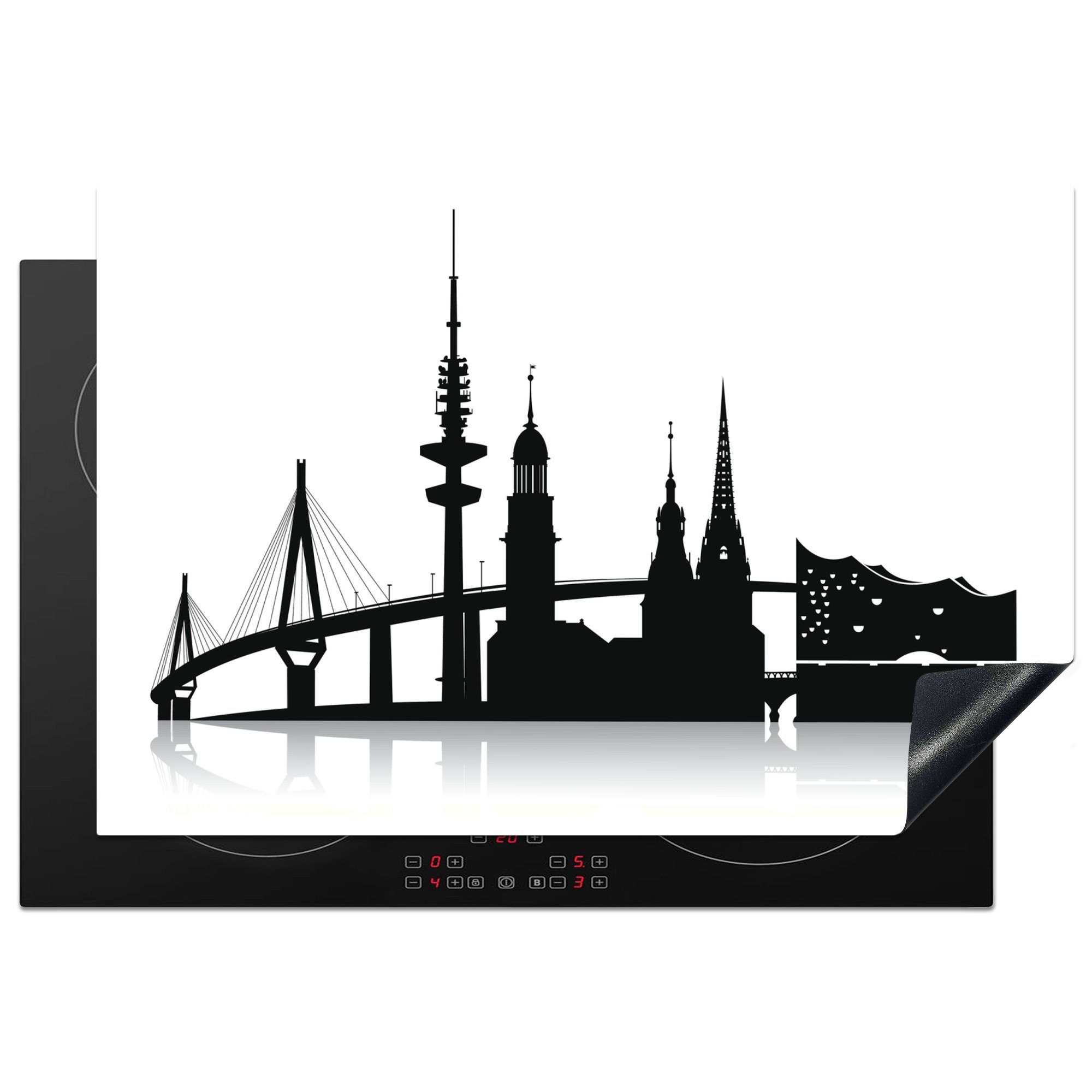 MuchoWow Herd-Abdeckplatte Eine schwarz-weiße Illustration mit der Skyline von Hamburg, Vinyl, (1 tlg), Induktionsabdeckung Vinyl, Küchenzubehör, 77x51 cm
