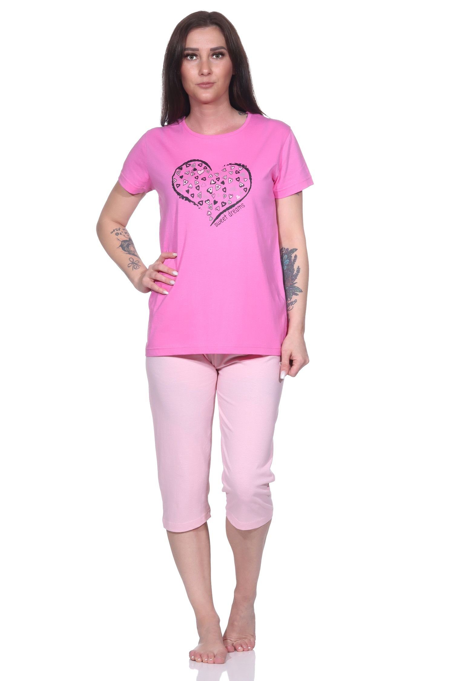 Damen süßem Pyjama 3/4-Capri-Pyjama Normann mit Capri Herzchen-Muster pink Schlafanzug,