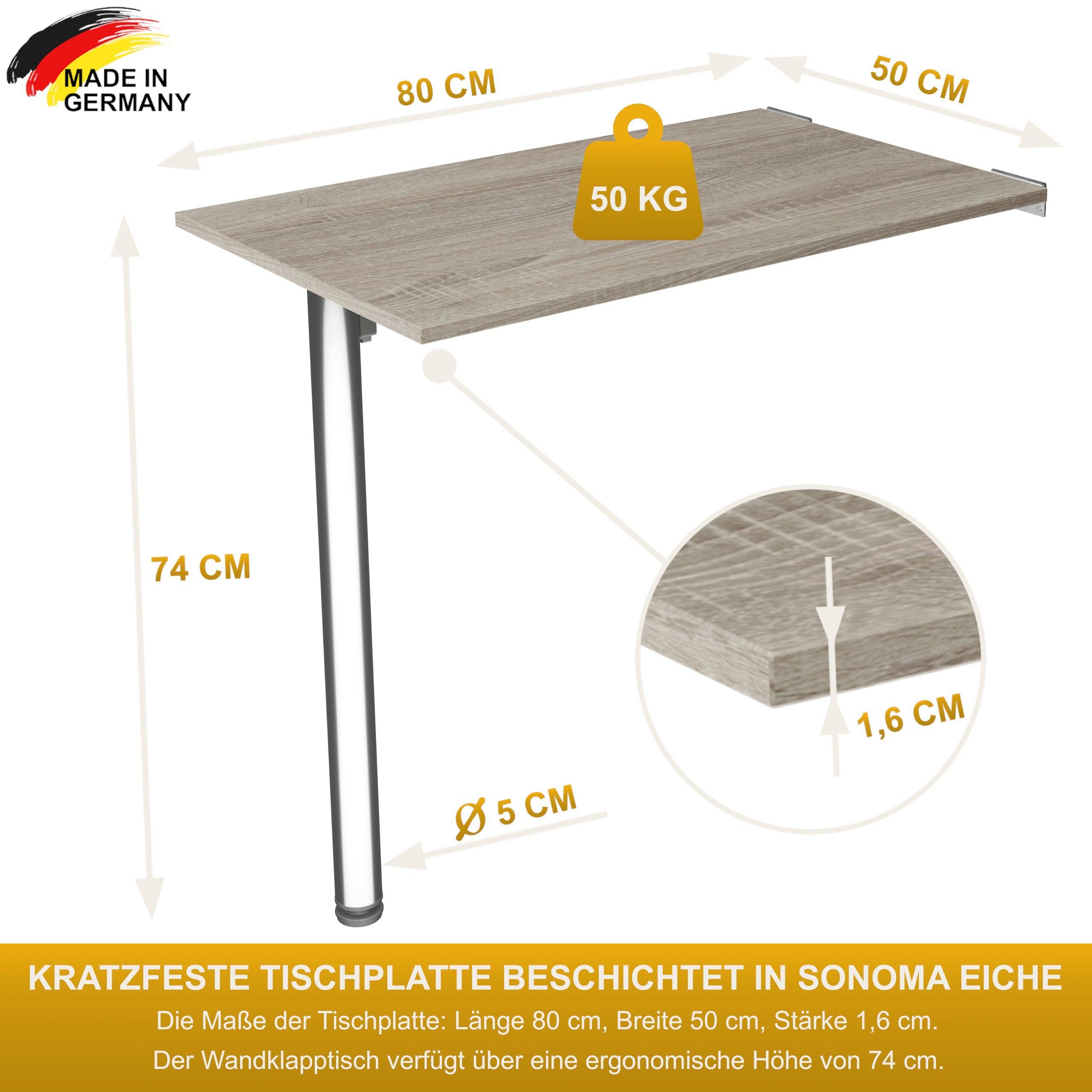 KDR Sonoma Eiche Wandklapptisch Küchentisch 80x50 Esstisch Tisch, Klapptisch Wand Produktgestaltung Schreibtisch