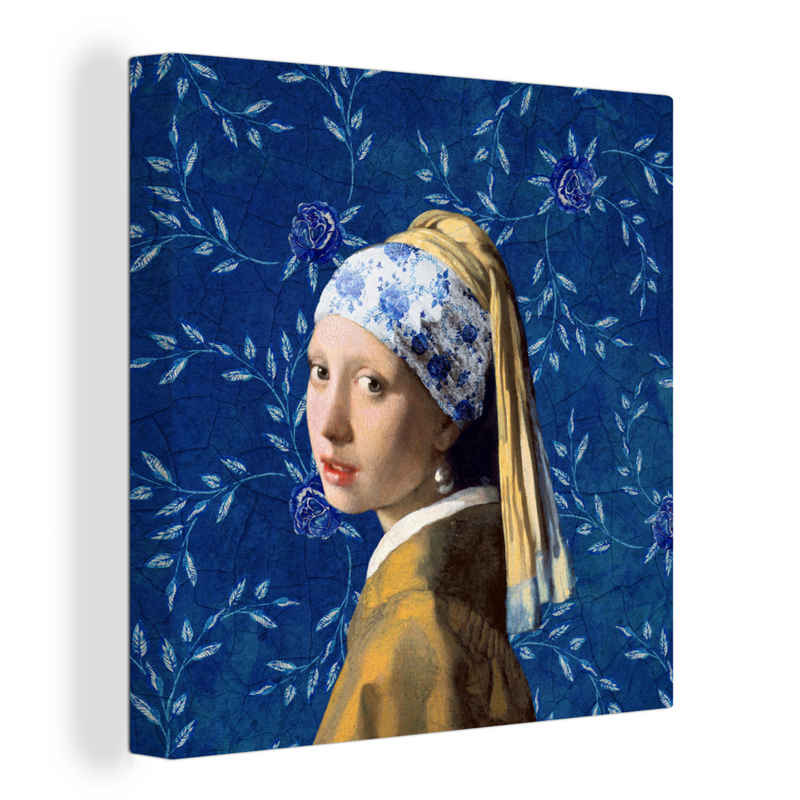 OneMillionCanvasses® Gemälde Mädchen mit Perlenohrring - Delfter Blau - Vermeer - Blumen - Gemälde, (1 St), Leinwand Bilder für Wohnzimmer Schlafzimmer