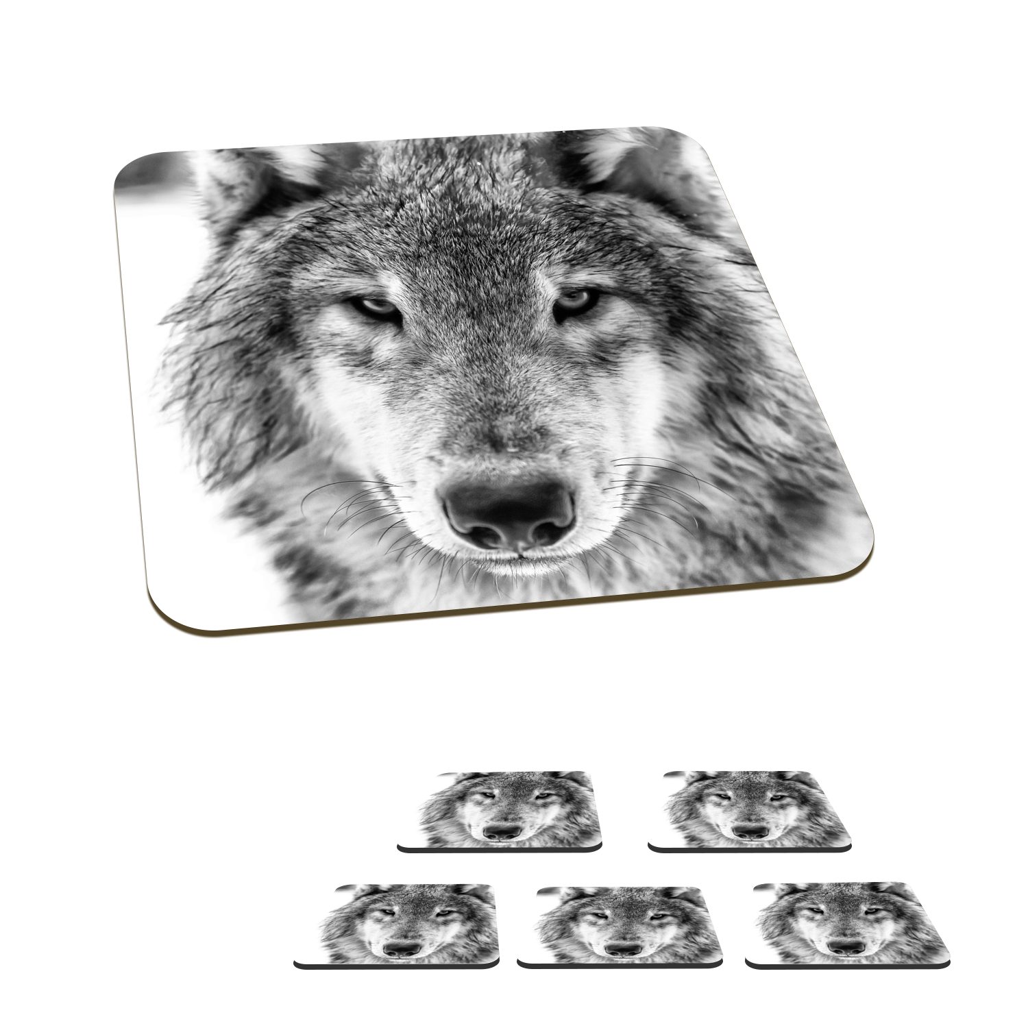 MuchoWow Glasuntersetzer Tierprofil Wolf in weiß, Zubehör Tasse und Gläser, Glasuntersetzer, 6-tlg., Korkuntersetzer, schwarz Tischuntersetzer, Untersetzer, für