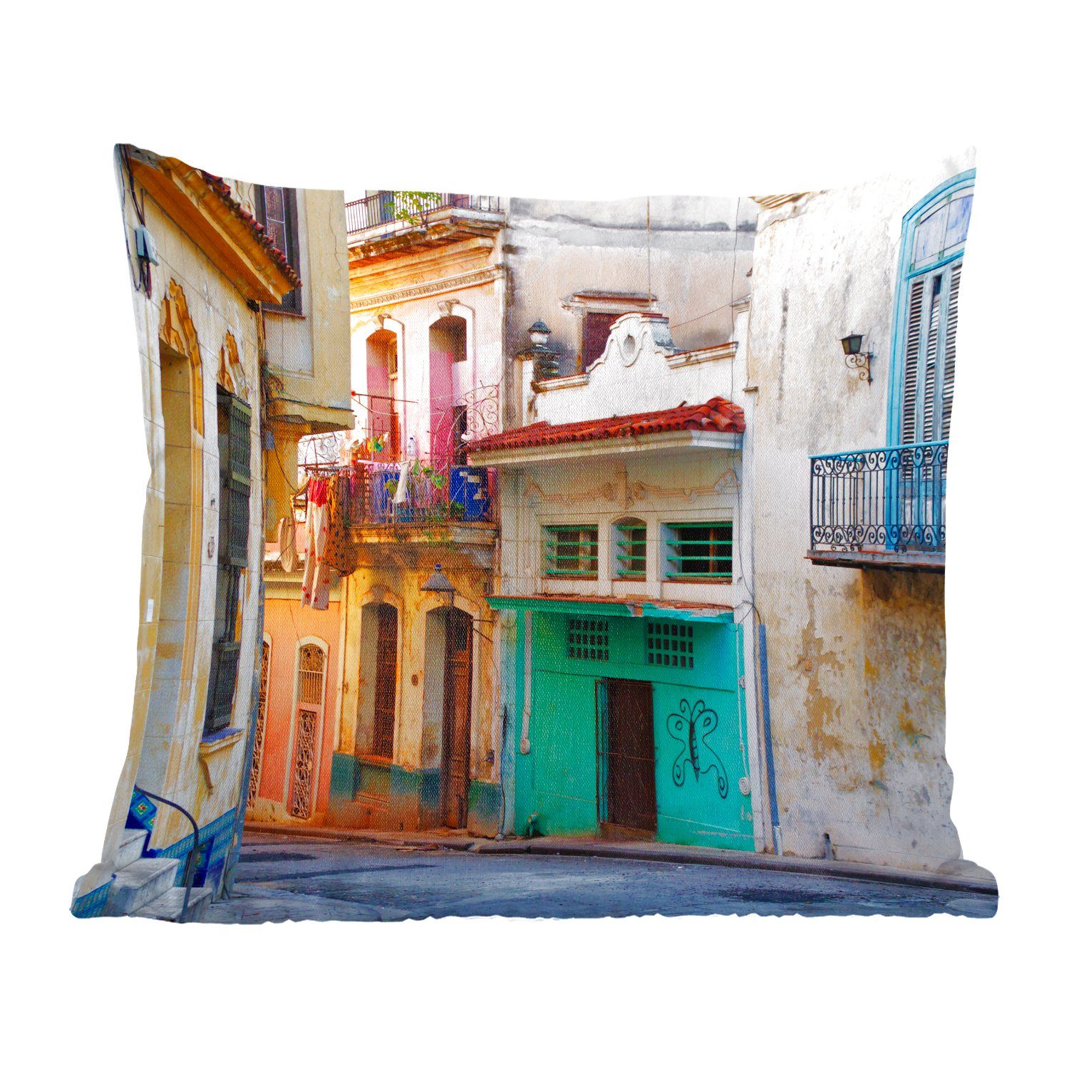 MuchoWow Dekokissen Bunte Straße in der kubanischen Hauptstadt Havanna, Zierkissen mit Füllung für Wohzimmer, Schlafzimmer, Deko, Sofakissen