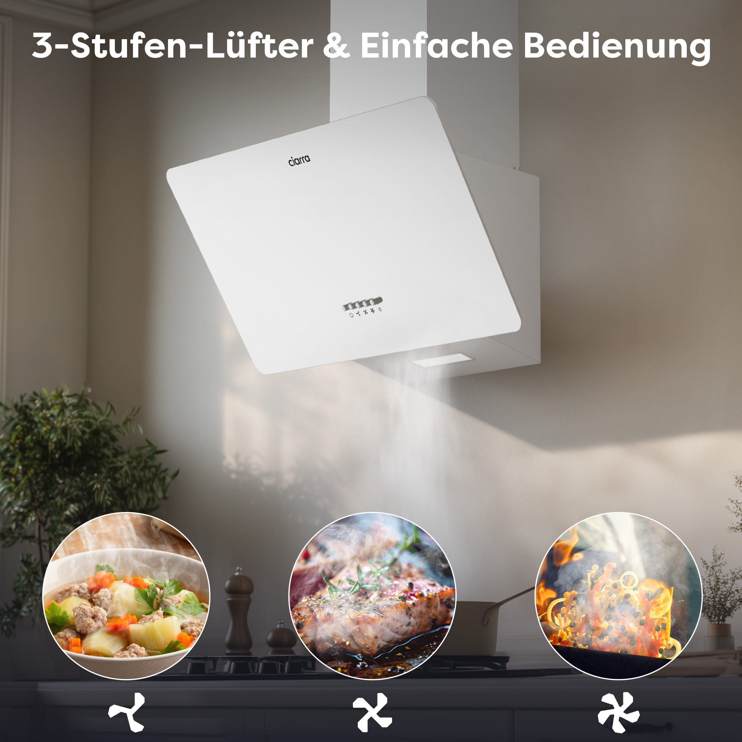 CIARRA Kopffreihaube 60cm 350m³/h Schräghaube Umluft & Abluft CAW6750 60cm 350m³/h Schräghaube Umluft & Abluft CAW6750, Dunstabzugshaube 60cm Kopffreie Abzugshaube 3 Stufen A