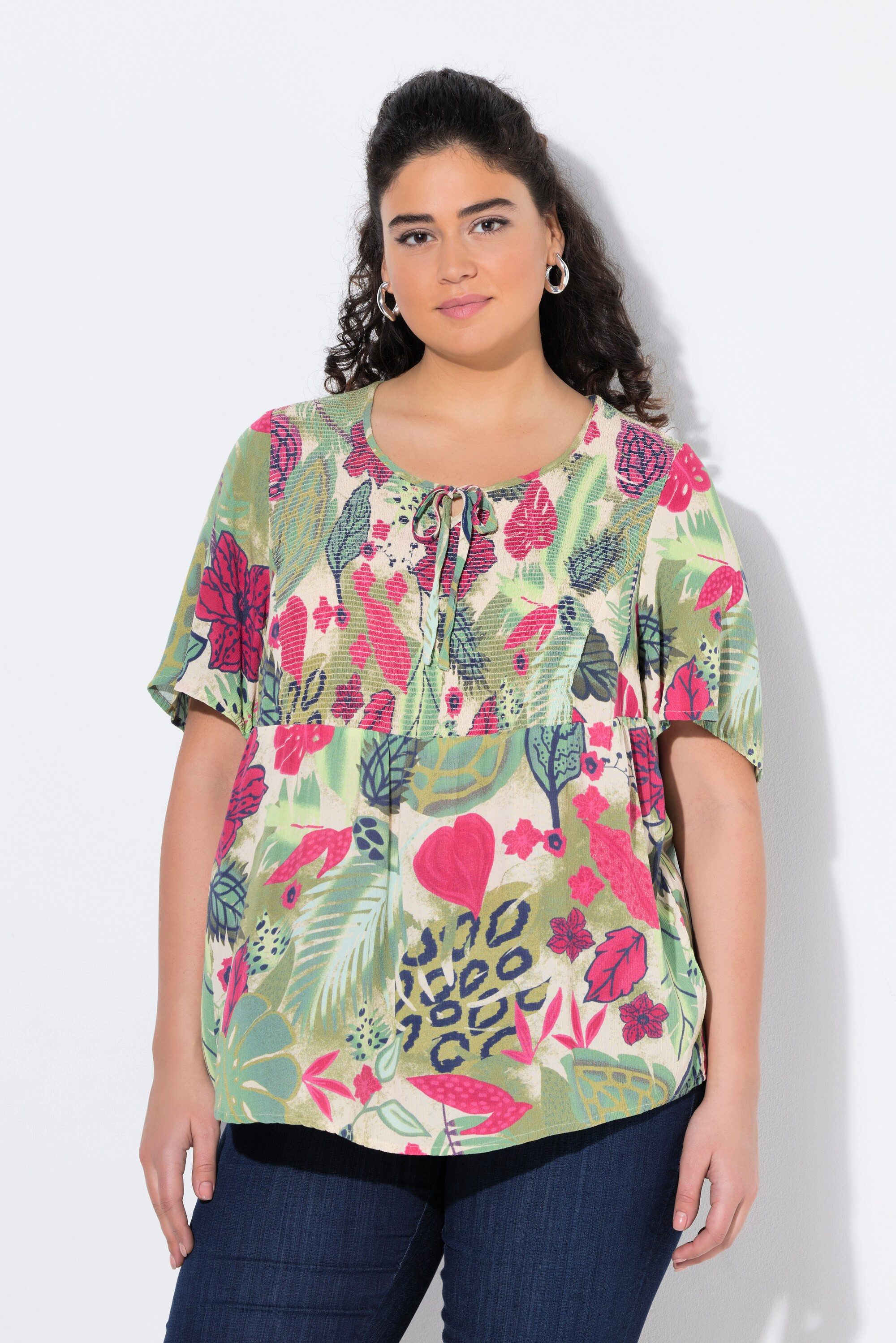Ulla Popken Tunika Smok-Bluse Blätter A-Linie günstig online kaufen