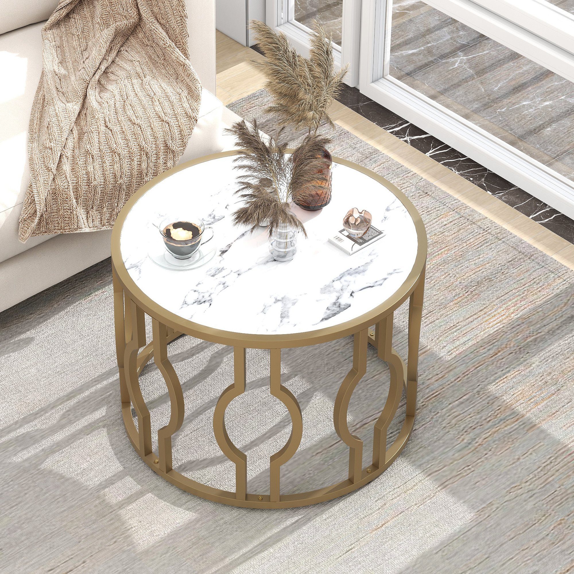(Mamormuster weißes 70*46.5cm), golden Wohnzimmer Metallrahmen mit Rund OKWISH Tisch Sofatisch Marmoroptik Beistelltisch Beistelltisch Couchtisch
